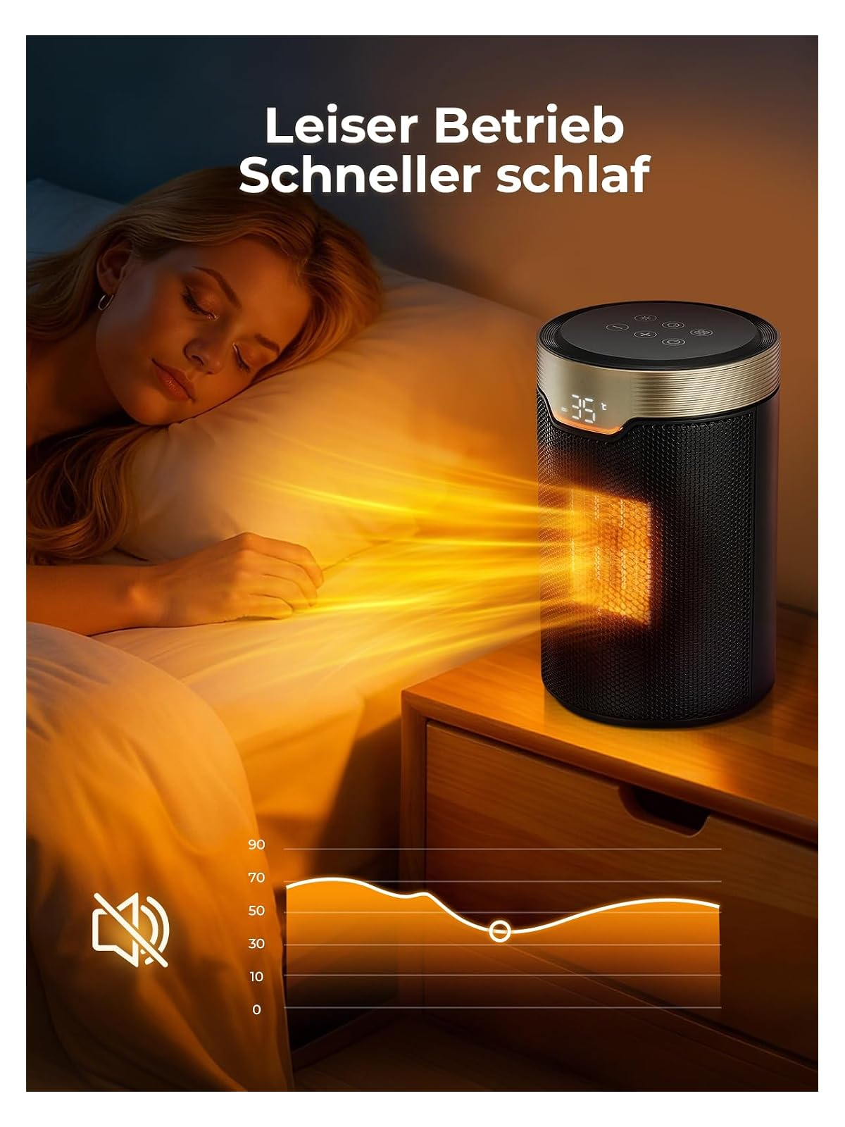 Ein schwarzer Heizlüfter auf einem Nachttisch strahlt warmes Licht auf eine schlafende Frau aus.