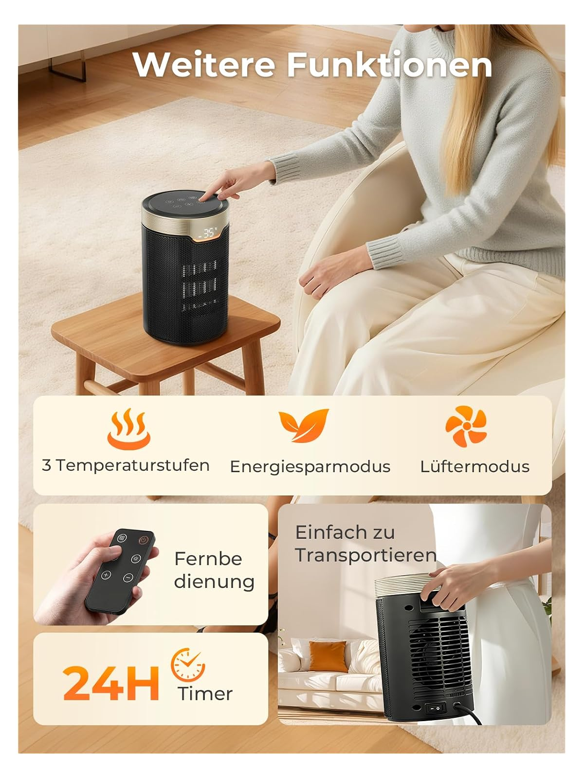 Eine Frau bedient einen schwarzen Heizlüfter auf einem Tisch, mit Infografiken zu Funktionen wie Timer und Modi.