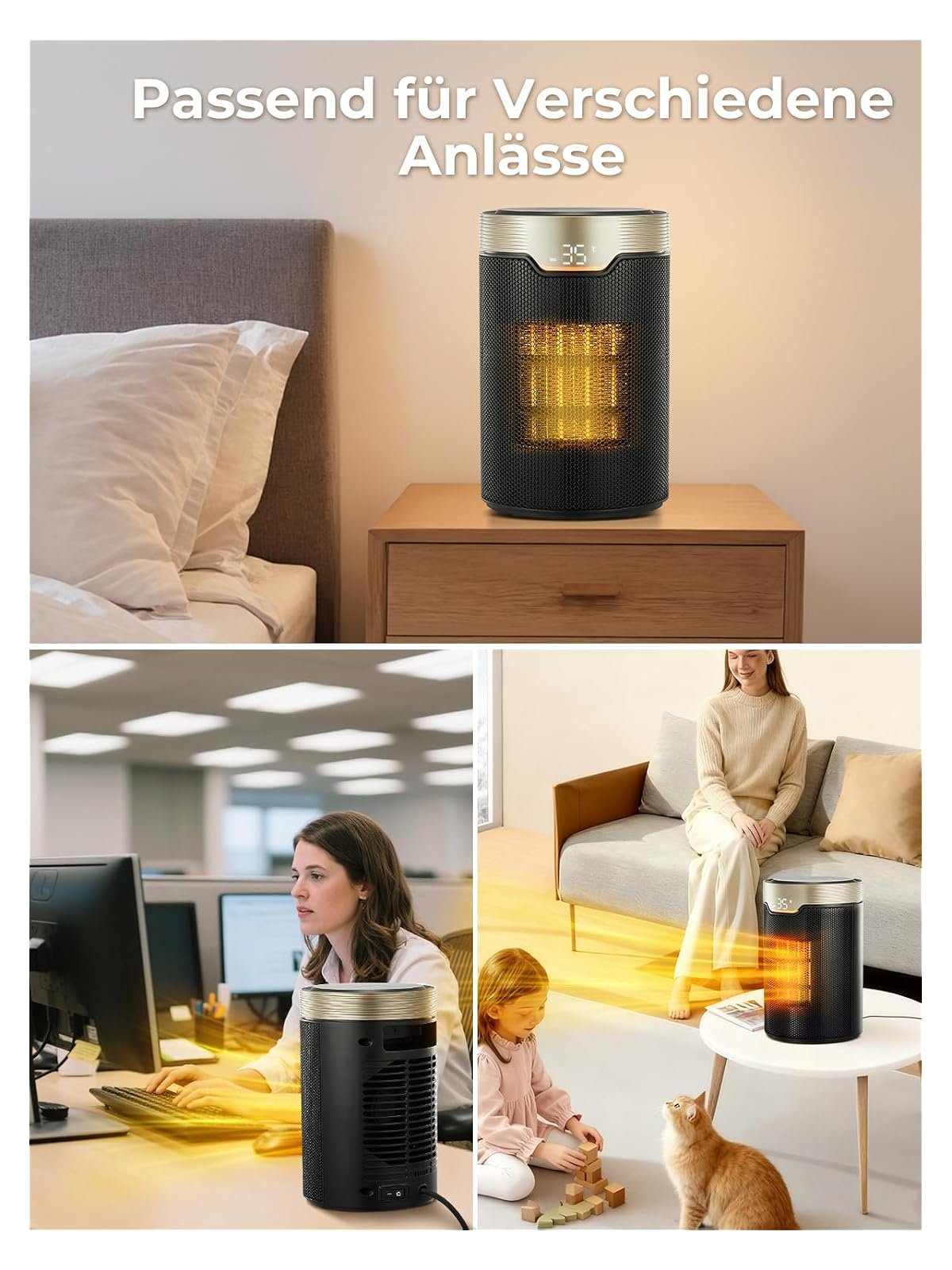 Ein tragbarer schwarzer Keramik-Heizlüfter auf verschiedenen Tischen in Schlafzimmer, Büro und Wohnzimmer.