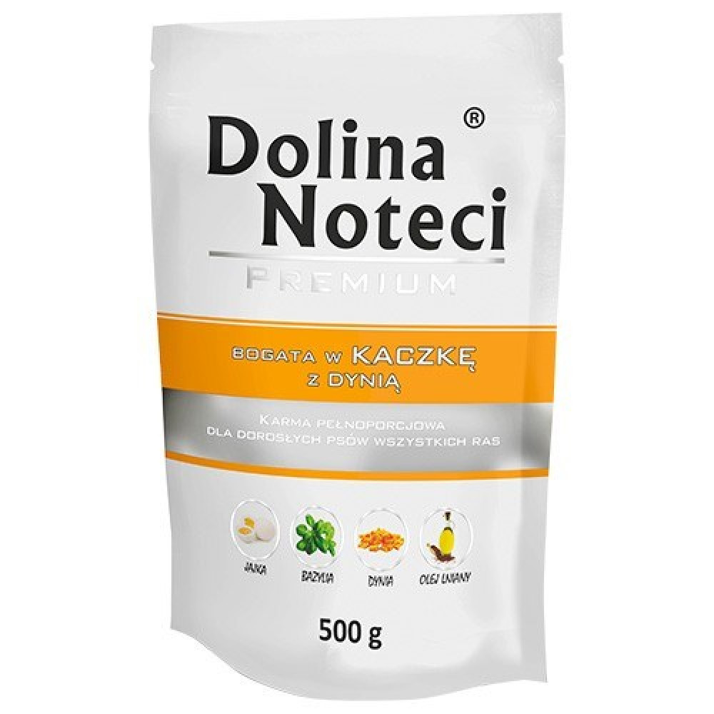 Saszetka karmy dla psa Dolina Noteci Premium, 500g, bogata w kaczkę z dynią.