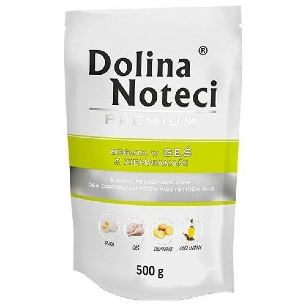 Biała saszetka karma dla psa Dolina Noteci z gęsiną i ziemniakami, 500 g.
