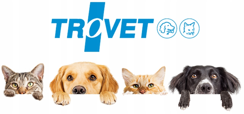 Logo Trovet na górze z dwoma kotami i dwoma psami wyglądającymi zza białego brzegu.