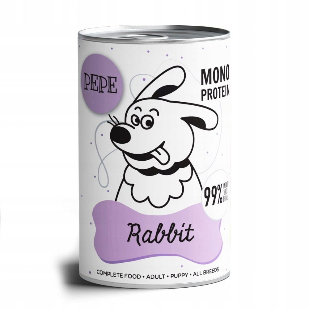 Biała puszka z karmą dla psa z logo PEPE, ilustracją psa i napisem Rabbit Mono Protein.