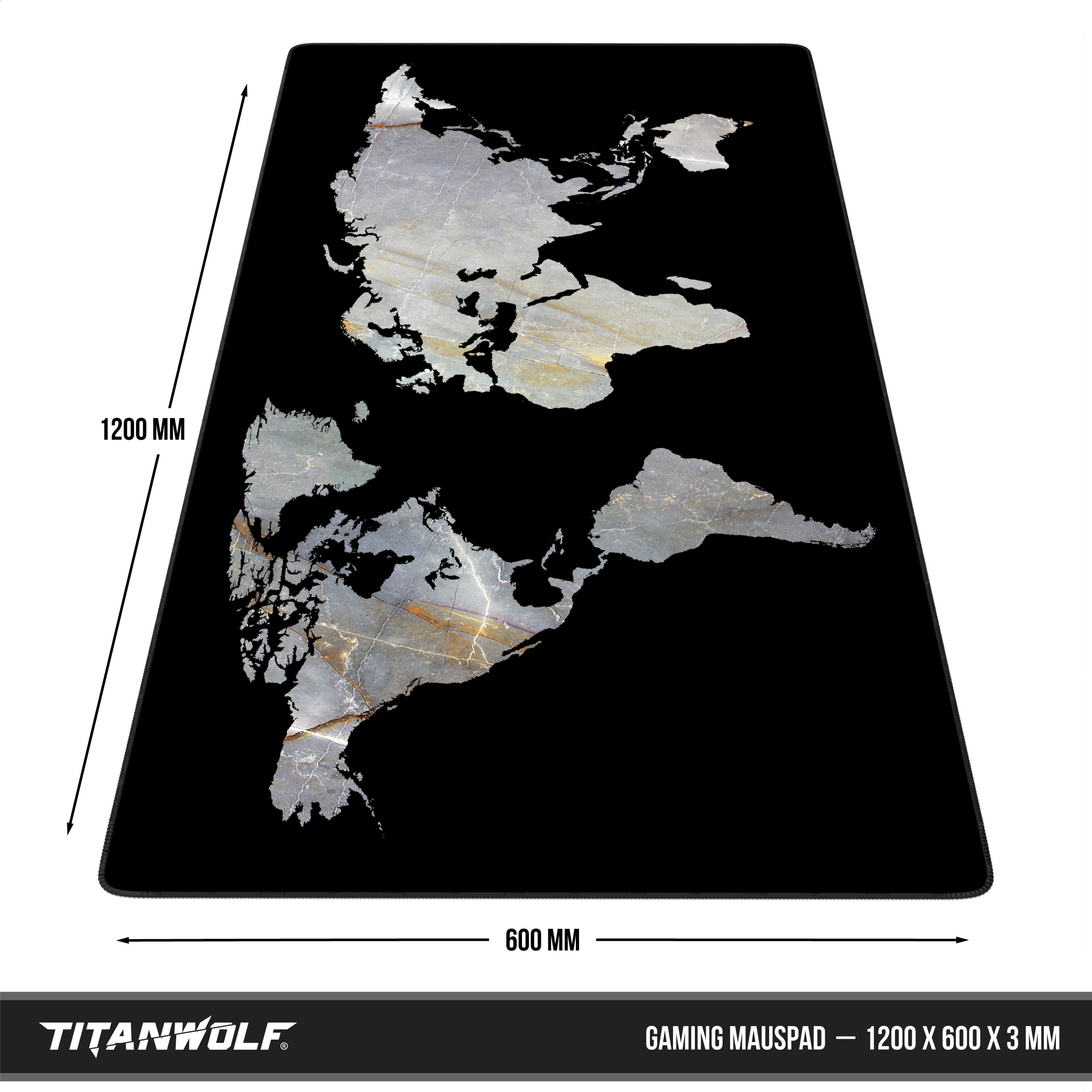 Schwarzes Titanwolf Gaming-Mauspad mit Marmor-Weltkarte und Maßen 1200x600 mm.