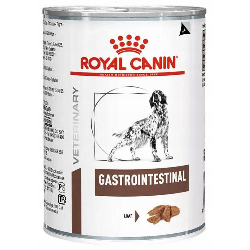 Biała puszka karma dla psa Royal Canin Gastrointestinal z wizerunkiem psa i kawałkami karmy.