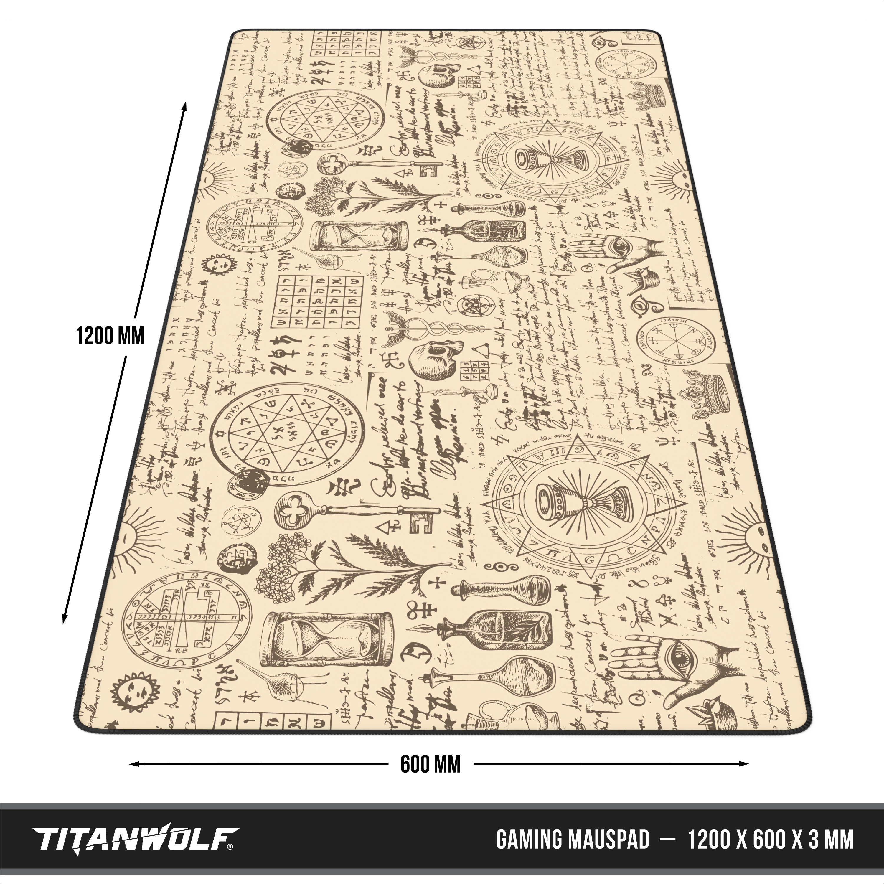 Titanwolf Gaming-Mauspad in 1200x600x3 mm mit antikem Alchemie- und Magie-Design.