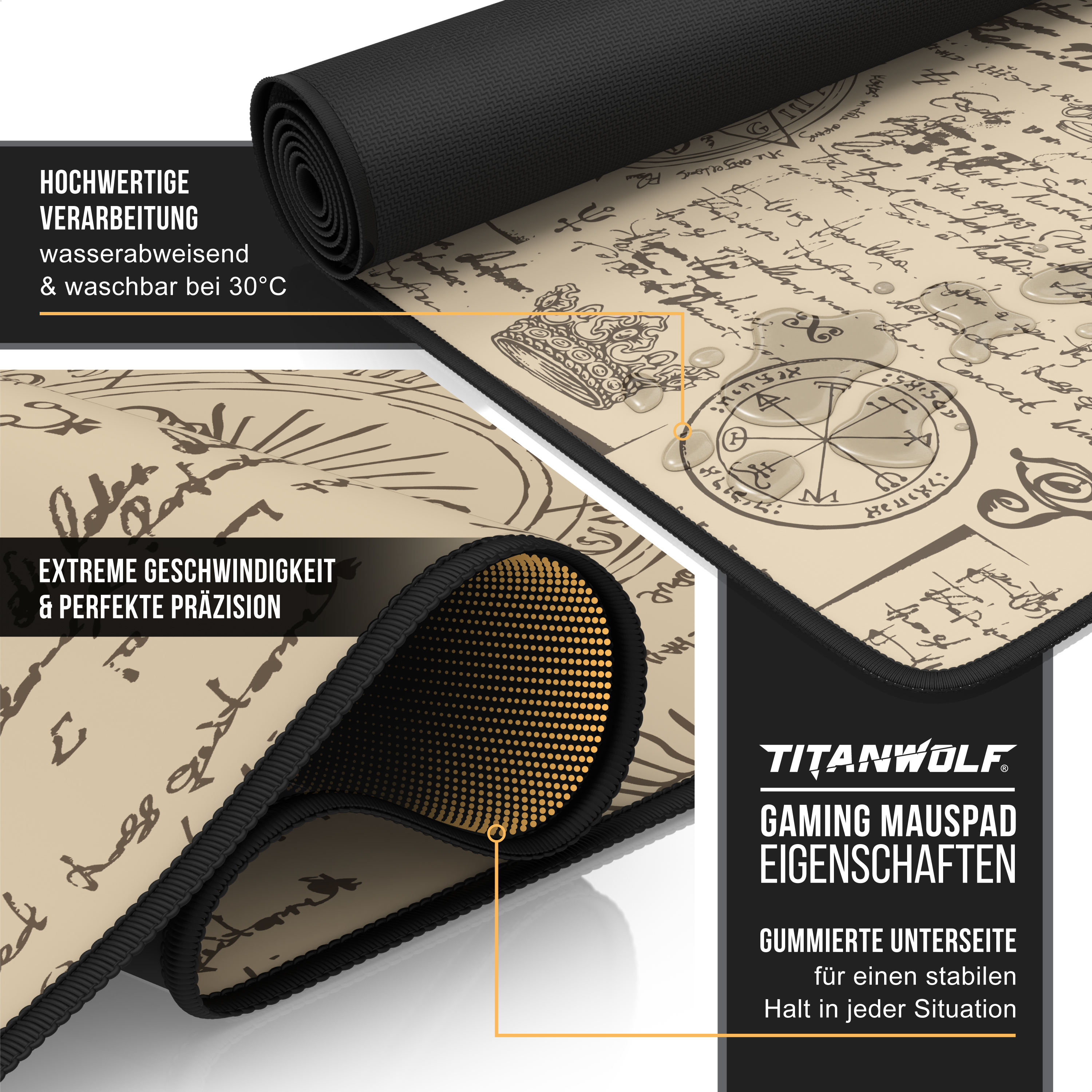 Titanwolf Gaming-Mauspad mit altem Schrift-Design, wasserabweisend und gummierter Unterseite.