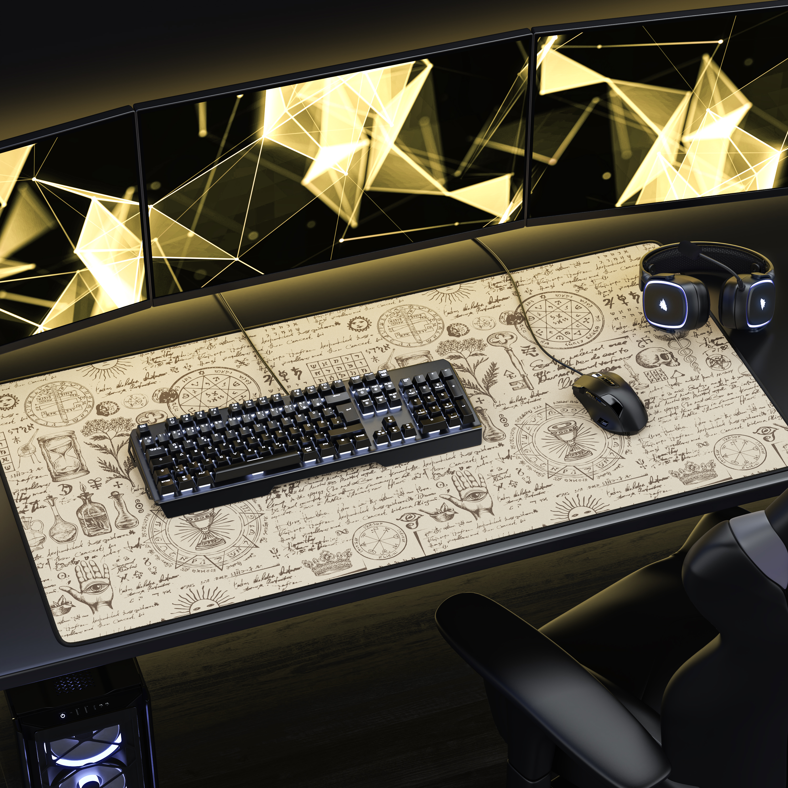 Gaming-Schreibtisch mit vier Monitoren, Tastatur, Maus, Headset und einer Matte im alchemistischen Stil.