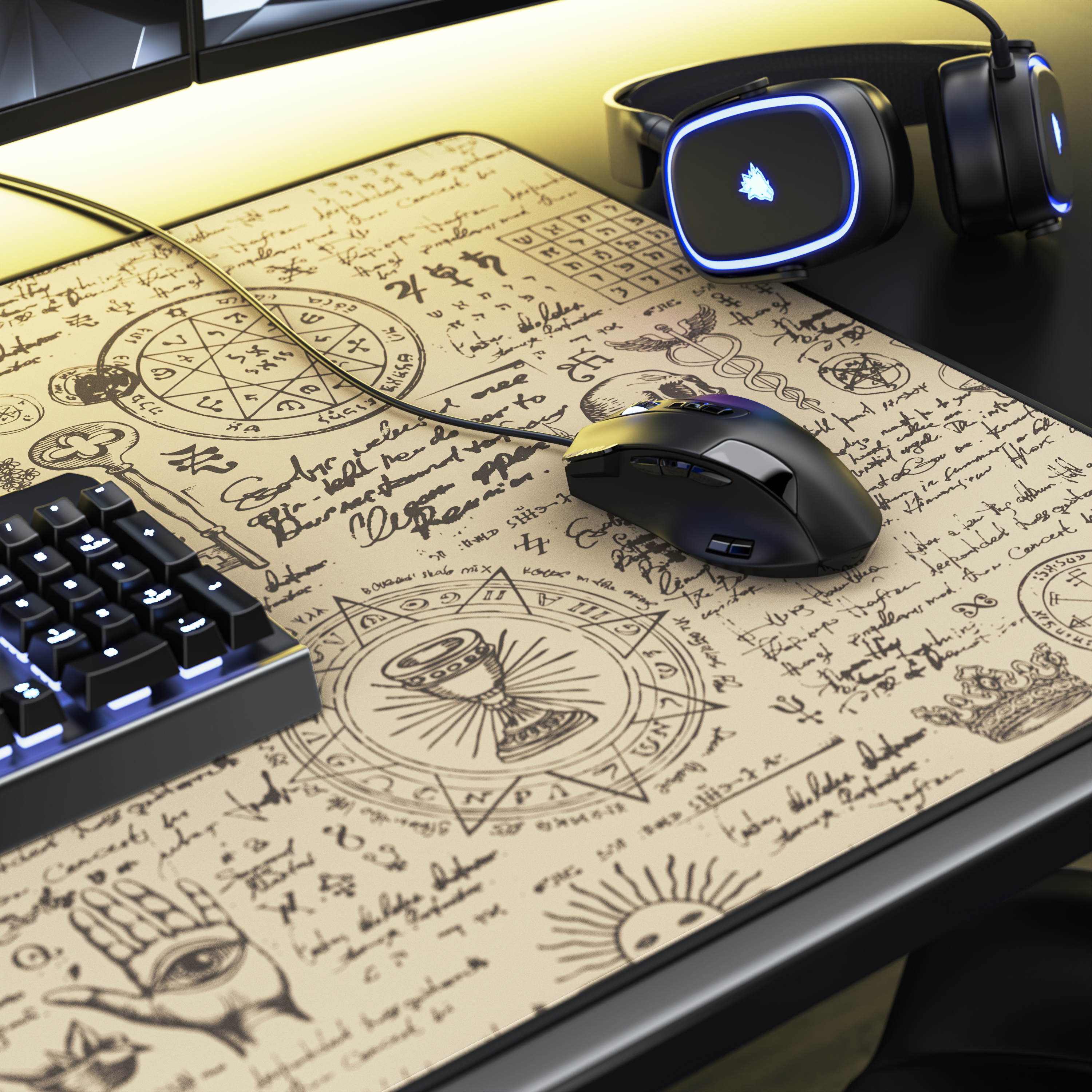 Ein Gaming-Schreibtisch mit einer Maus, einer Tastatur und einem Mauspad mit Alchemie-Motiven.