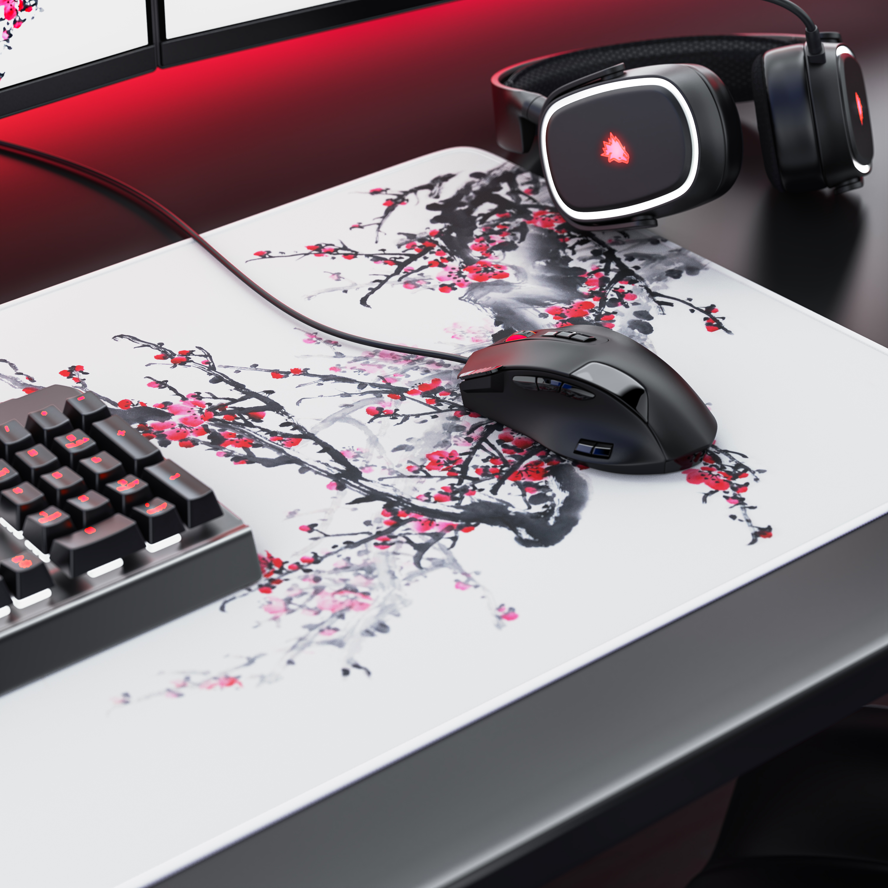 Gaming-Schreibtisch mit Kirschblüten-Mauspad, schwarzer Maus, Tastatur und leuchtenden LED-Kopfhörern.