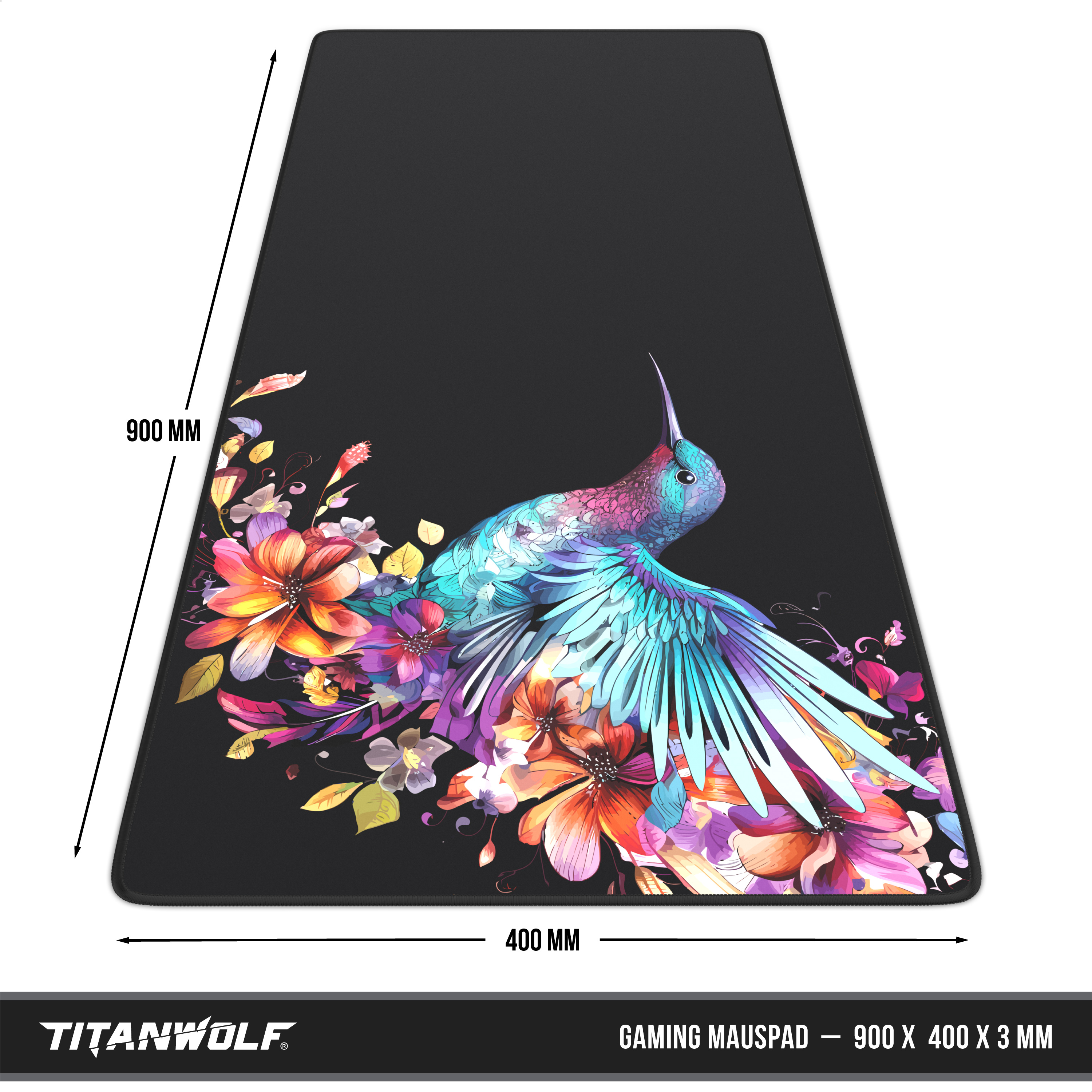Eine schwarze Schreibtischunterlage mit buntem Kolibri und Blumen, Maße 900x400 mm mit Maßpfeilen.