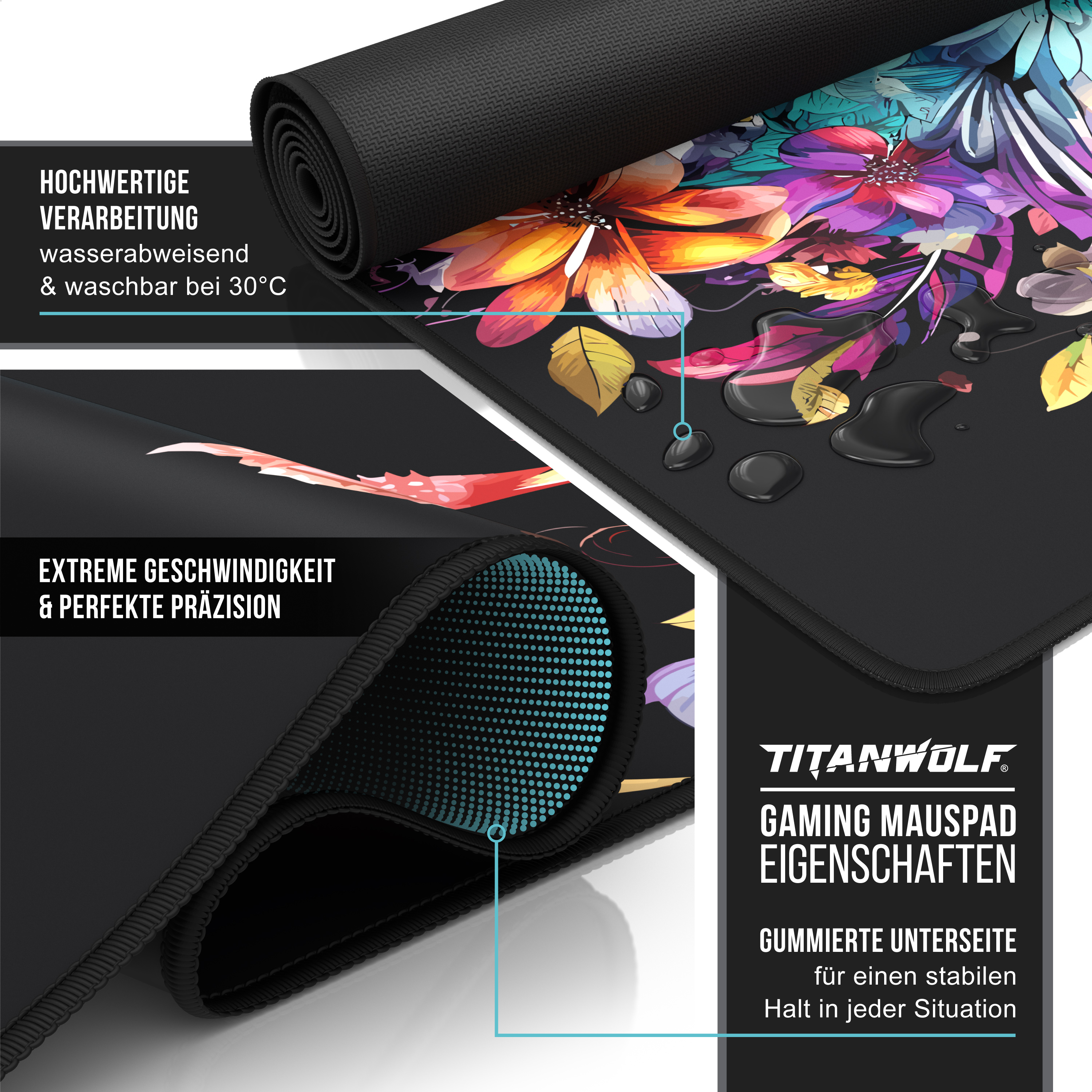 Titanwolf Gaming-Mauspad mit bunten Blumen, wasserabweisend und gummierter Unterseite für stabilen Halt.