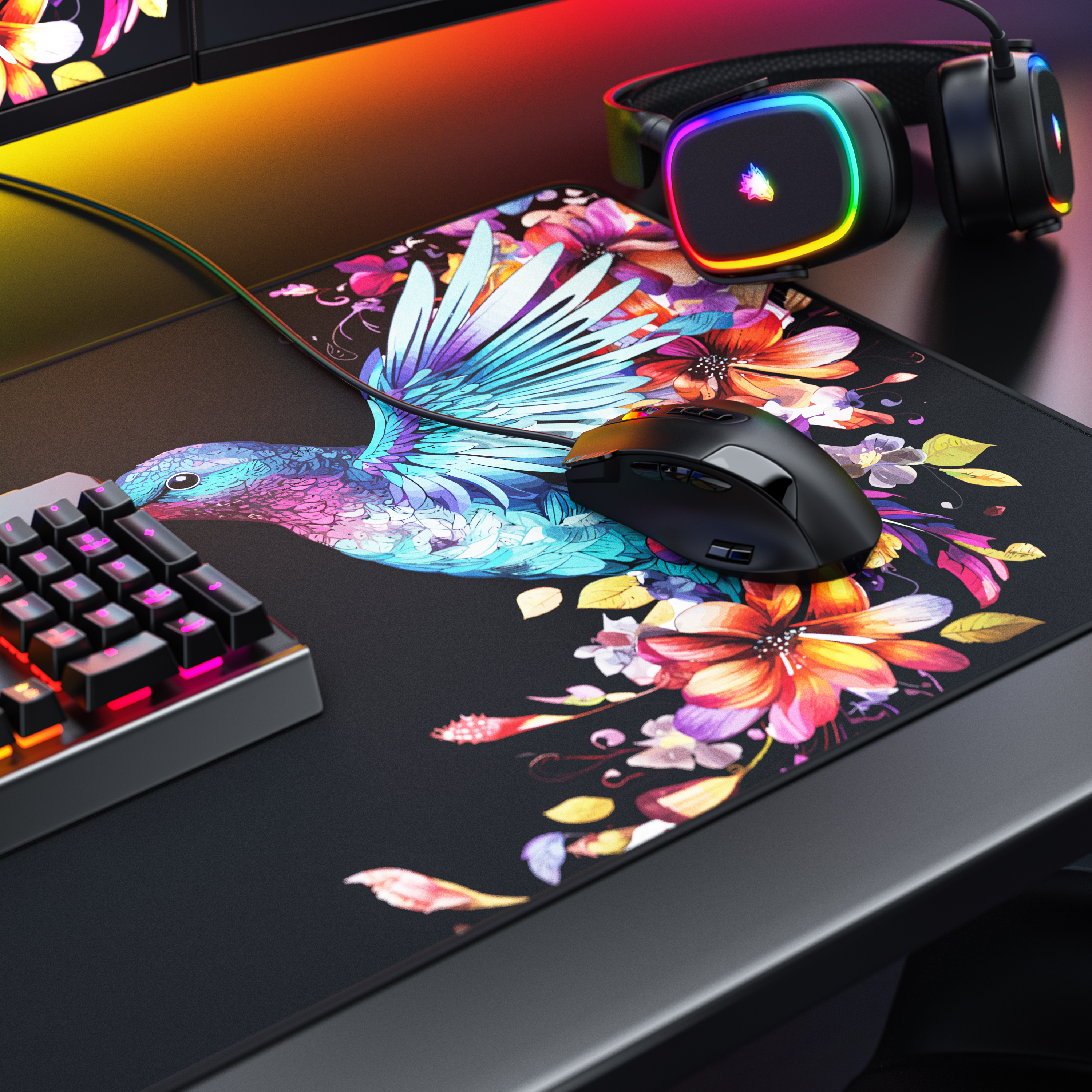 Ein Gaming-Schreibtisch mit Mauspad mit Vogel- und Blumenmotiv, schwarzer Maus, Tastatur und beleuchteten Kopfhörern.