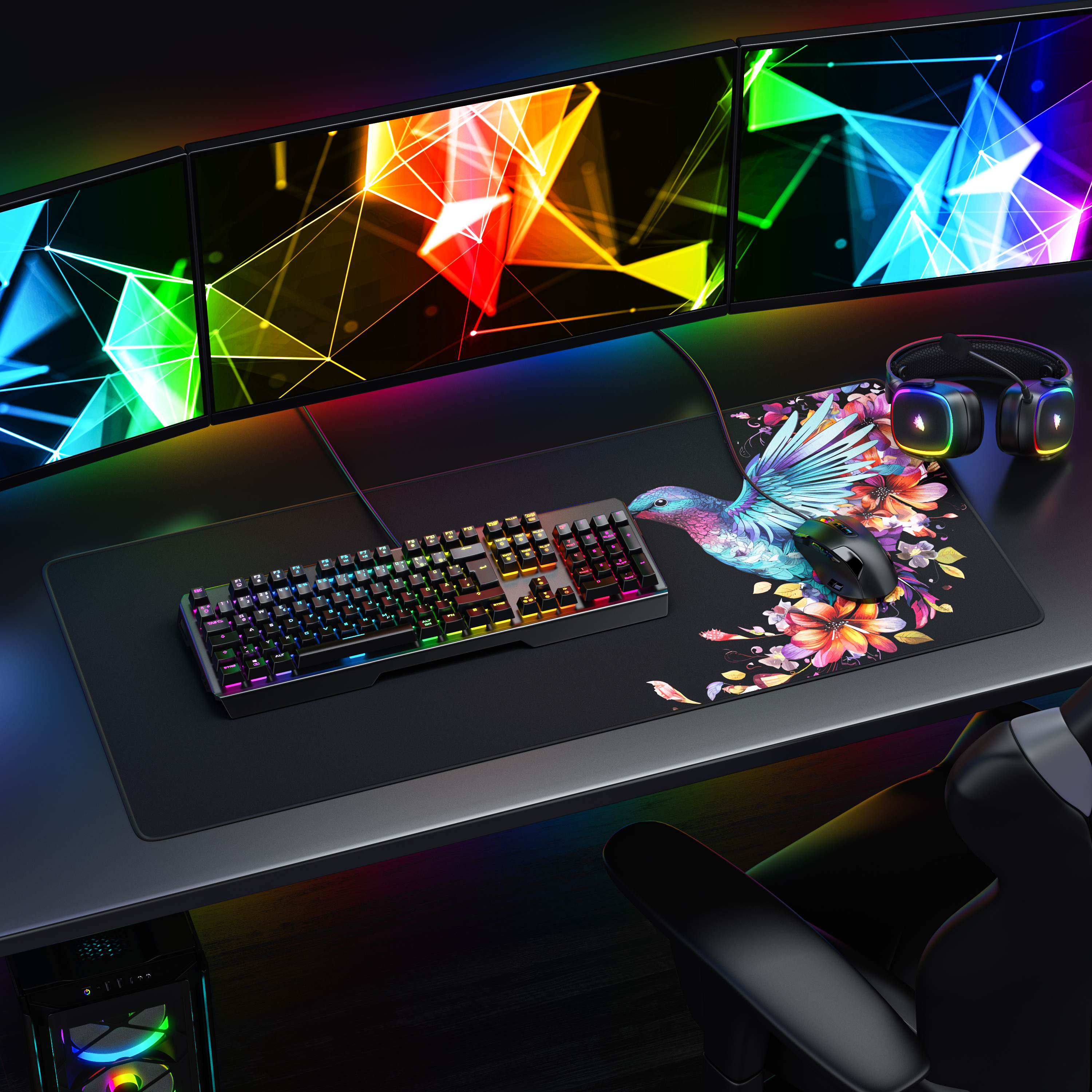 Ein Gaming-Schreibtisch mit drei Monitoren, RGB-Tastatur, Maus auf Blumen-Mauspad, Kopfhörern und PC.