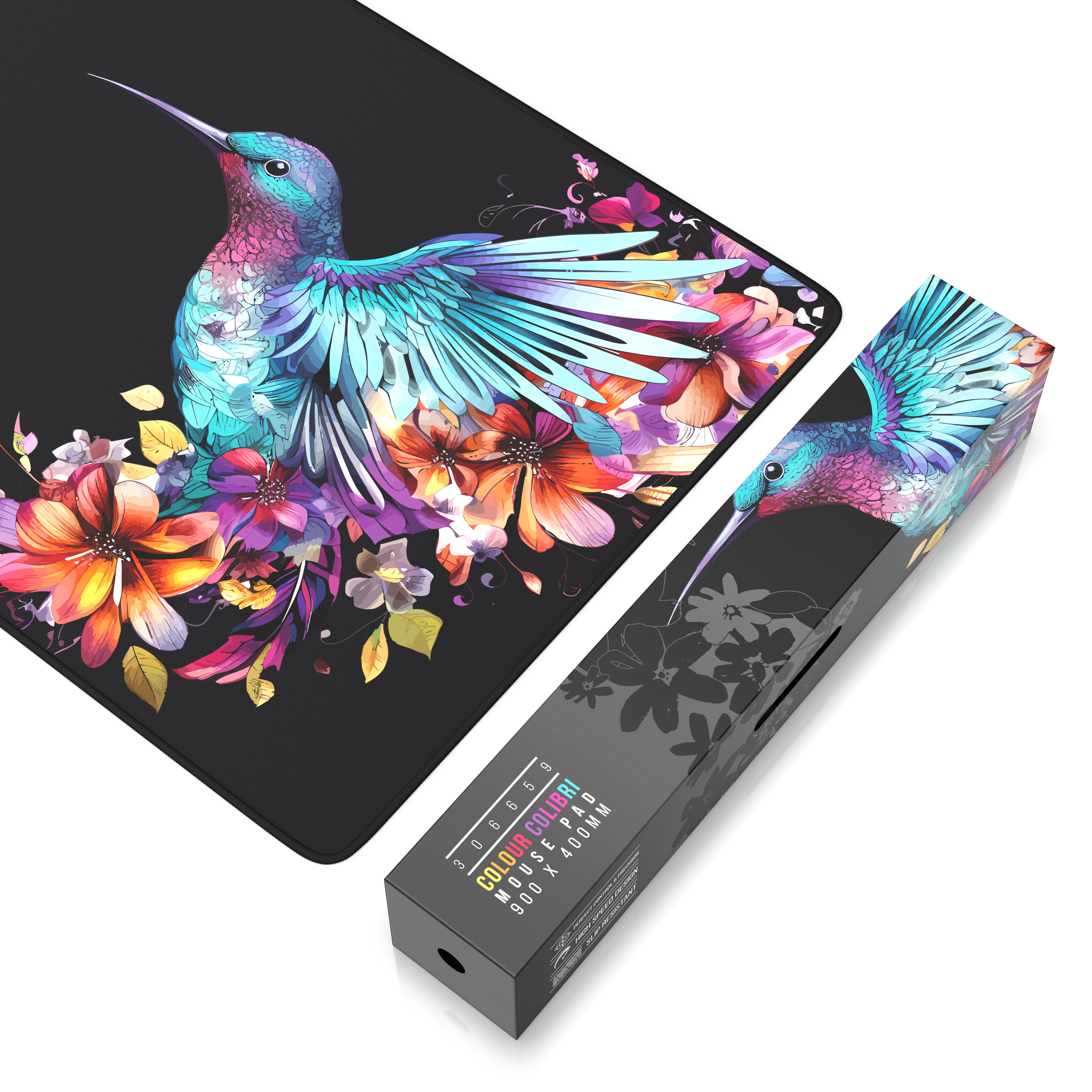 Eine schwarze Schreibtischunterlage und eine Box mit einem bunten Kolibri- und Blumenmotiv auf schwarzem Grund.