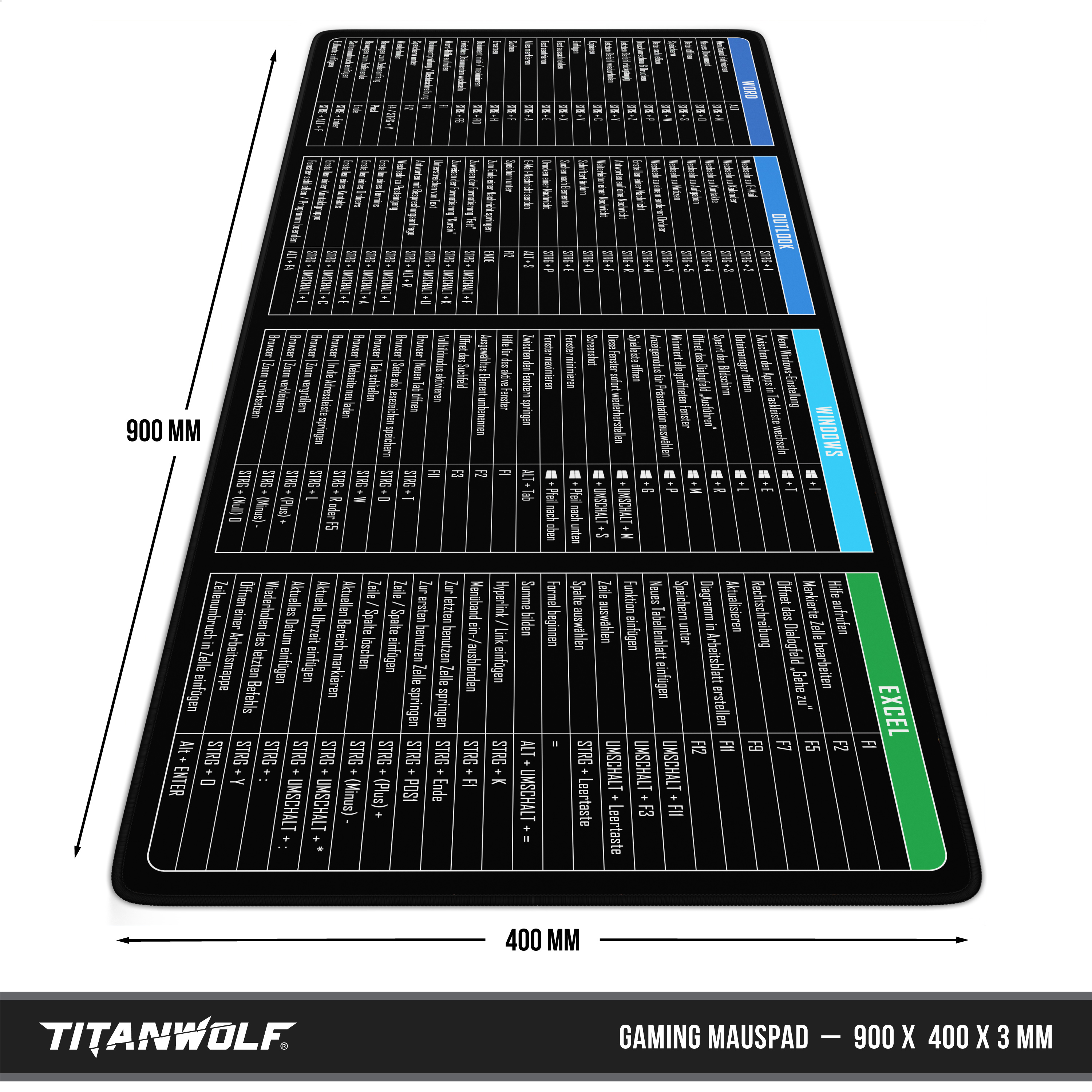 Titanwolf Gaming-Mauspad, 900x400x3 mm, mit Shortcuts für Word, Outlook, Windows und Excel.