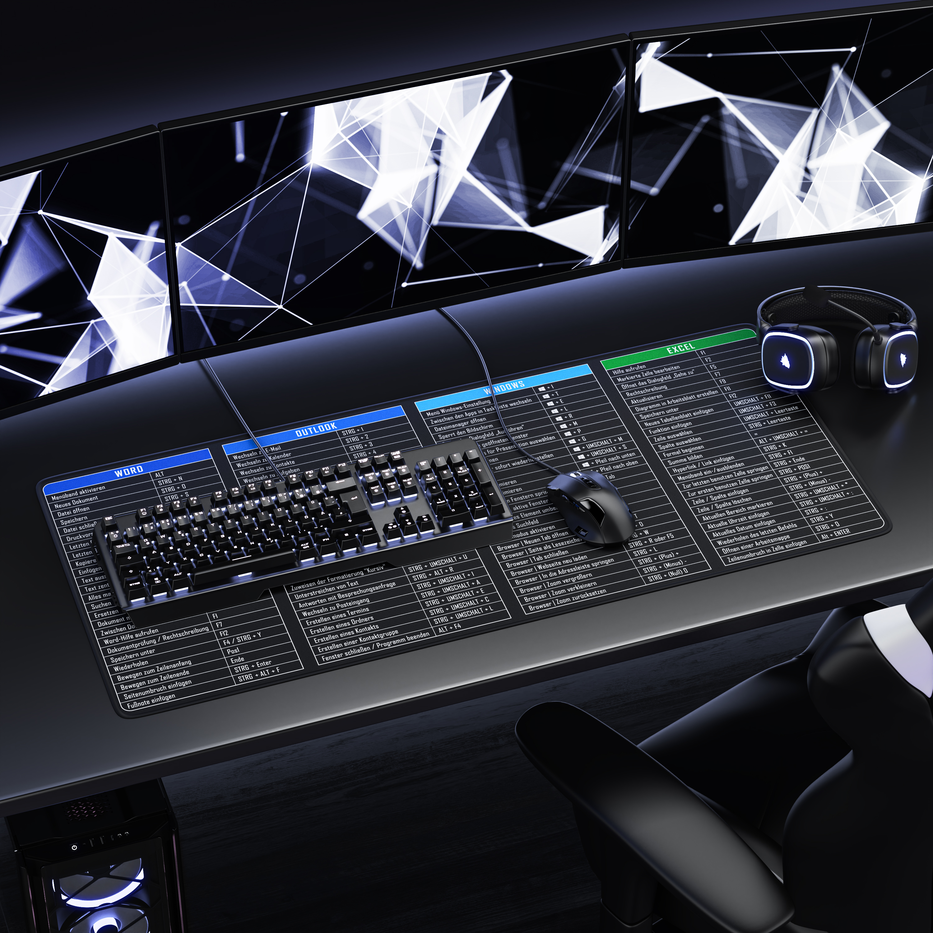 Ein Gaming-Schreibtisch mit Tastatur, Maus, Headset, Shortcut-Mousepad und drei Monitoren mit abstrakter Grafik.