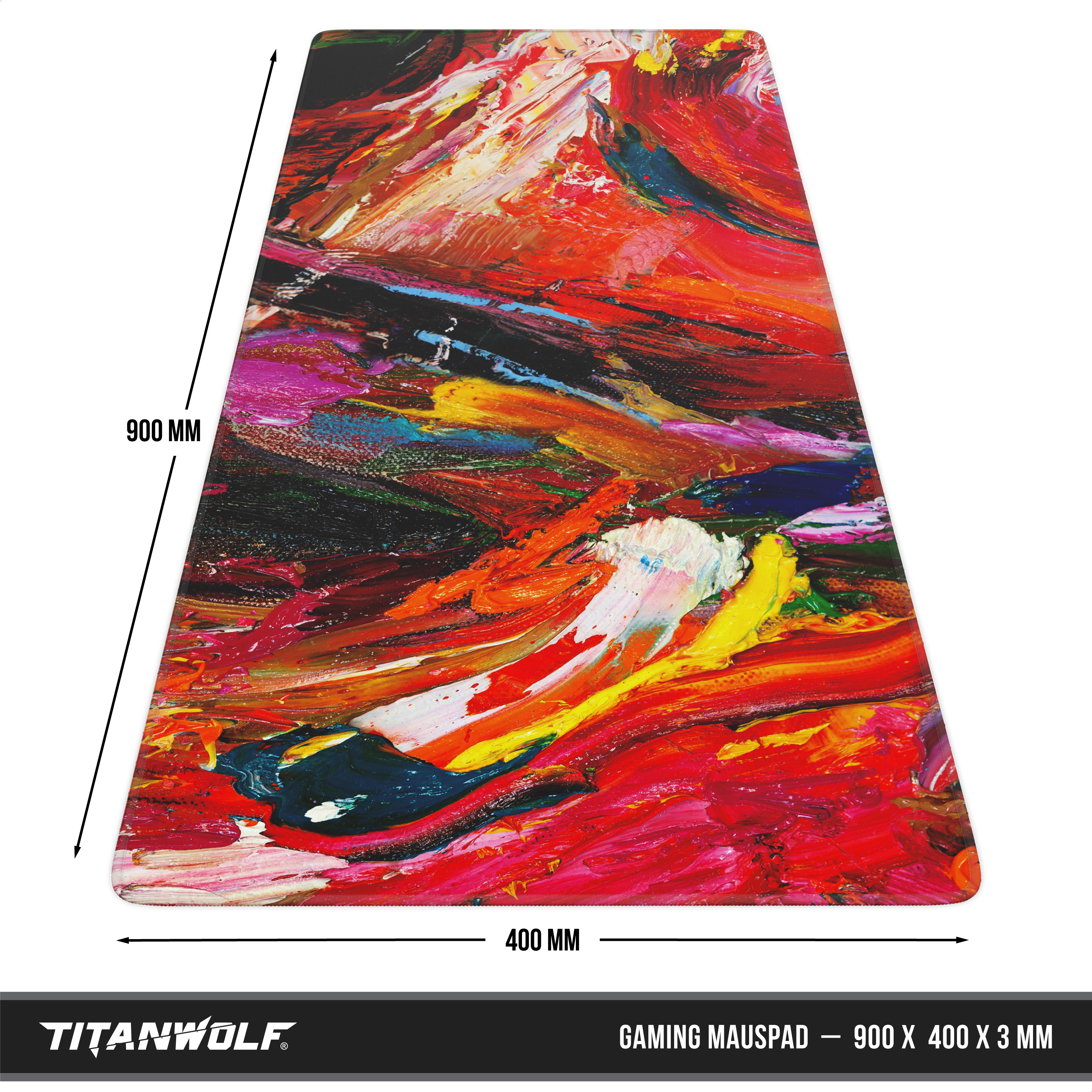 Buntes Titanwolf Gaming-Mauspad mit abstrakter Malerei, 900x400x3 mm groß.