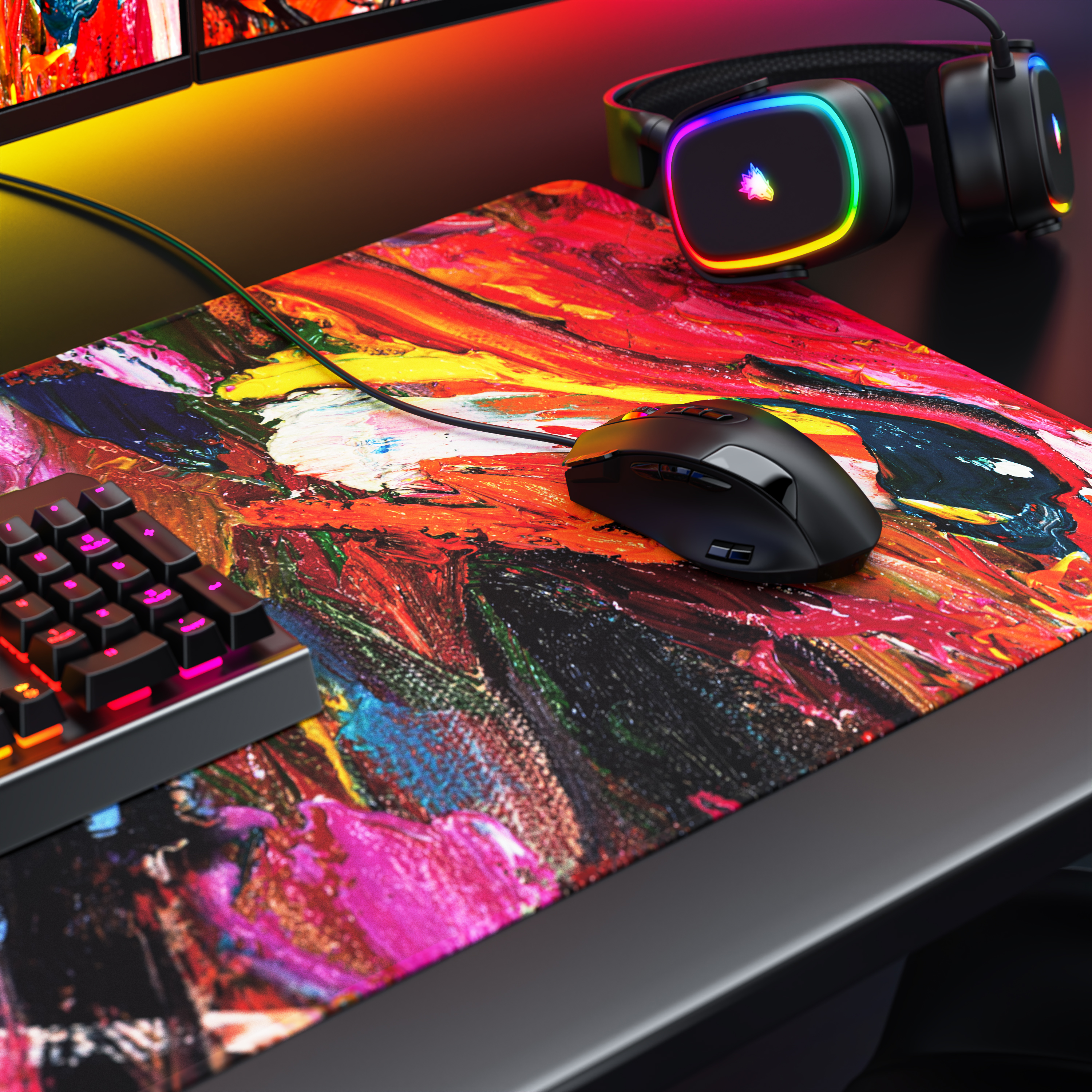 Ein Gaming-Setup mit einer bunten Mausunterlage, schwarzer Maus, beleuchteter Tastatur und RGB-Kopfhörern.