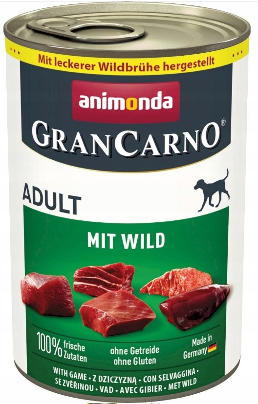 Puszka karm dla psa Animonda GranCarno adult z dziczyzną, z kawałkami mięsa na zielonej etykiecie.