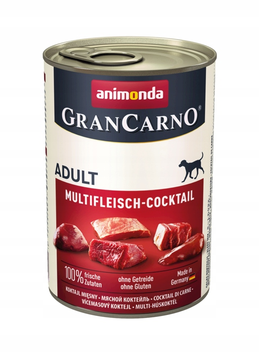 Karma dla psa Animonda GranCarno Adult koktajl mięsny w puszce ze świeżymi kawałkami.