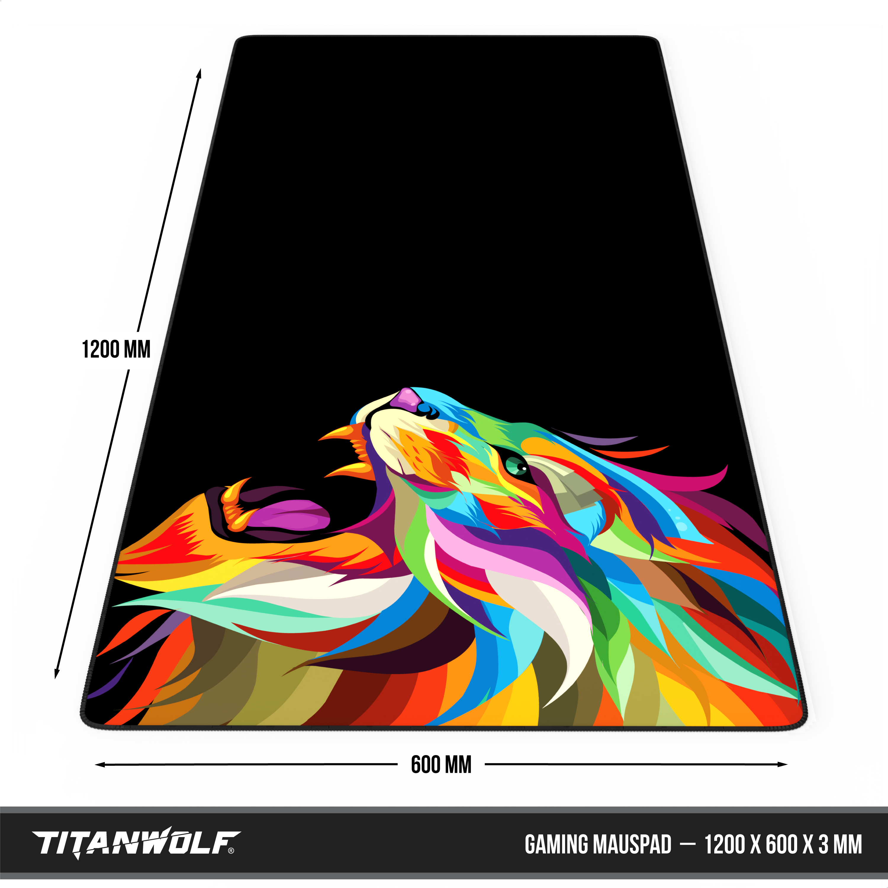 Schwarzes Gaming-Mauspad mit bunter, abstrakter Löwen-Illustration und Maßangaben 1200x600 mm.