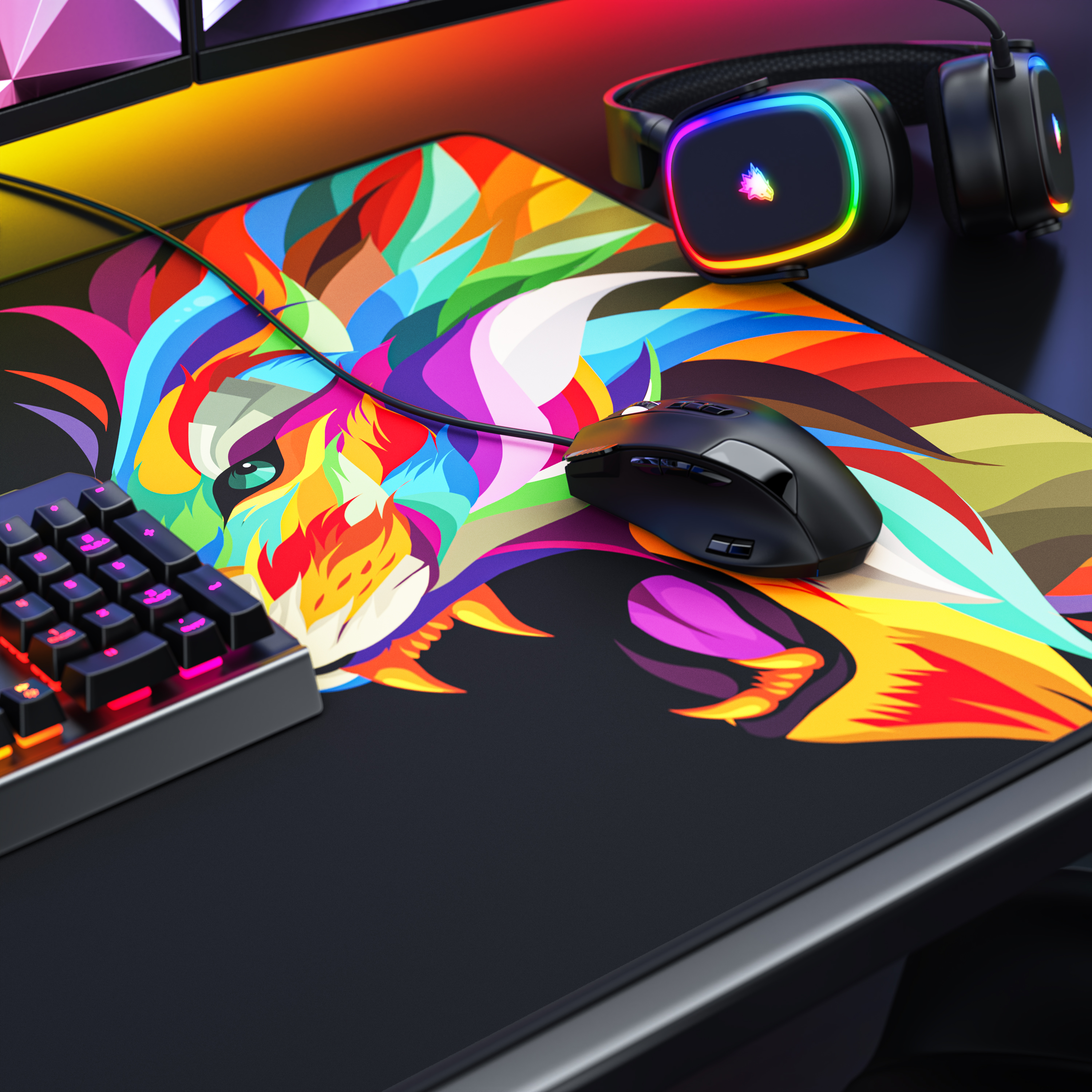 Buntes Gaming-Mauspad mit Löwenmotiv, schwarzer Maus, Tastatur und beleuchteten Kopfhörern auf einem Schreibtisch.