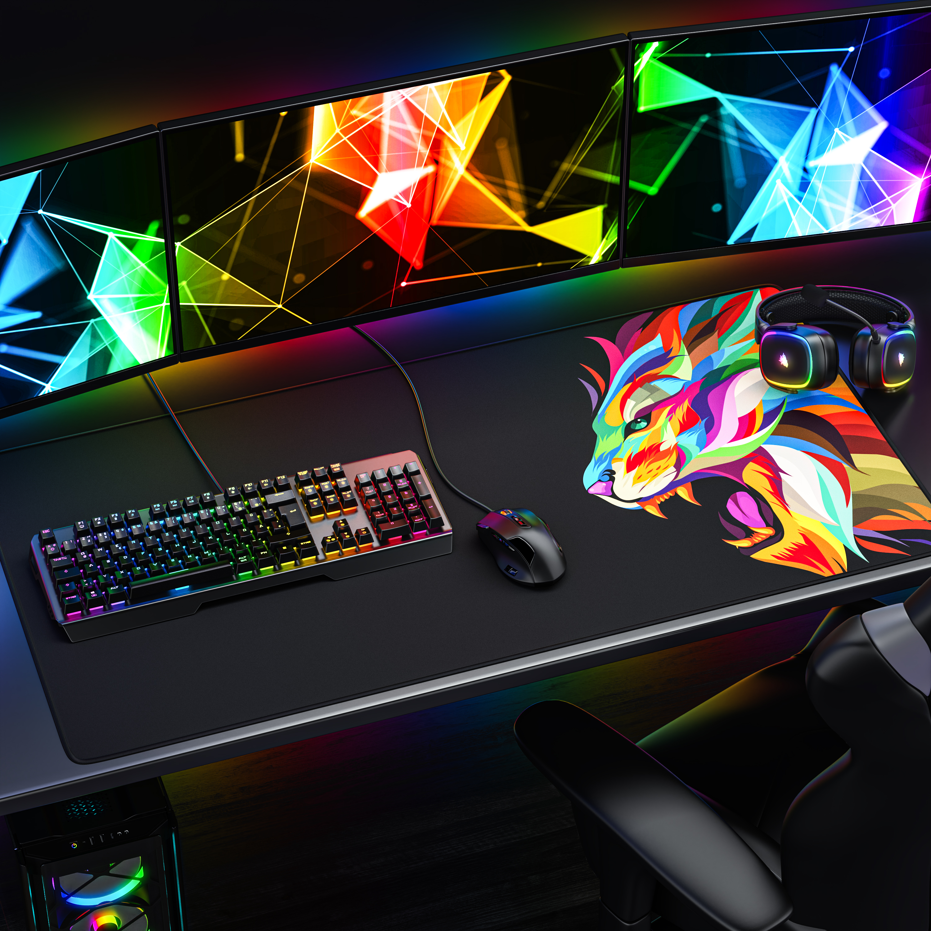 Gaming-Schreibtisch mit drei Monitoren, bunter Tastatur, Maus, Headset und großem Löwen-Mauspad.