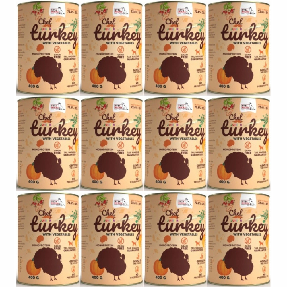 Dwanaście identycznych puszek karm dla psów "Chef Turkey with Vegetables" z grafiką indyka i dyni.