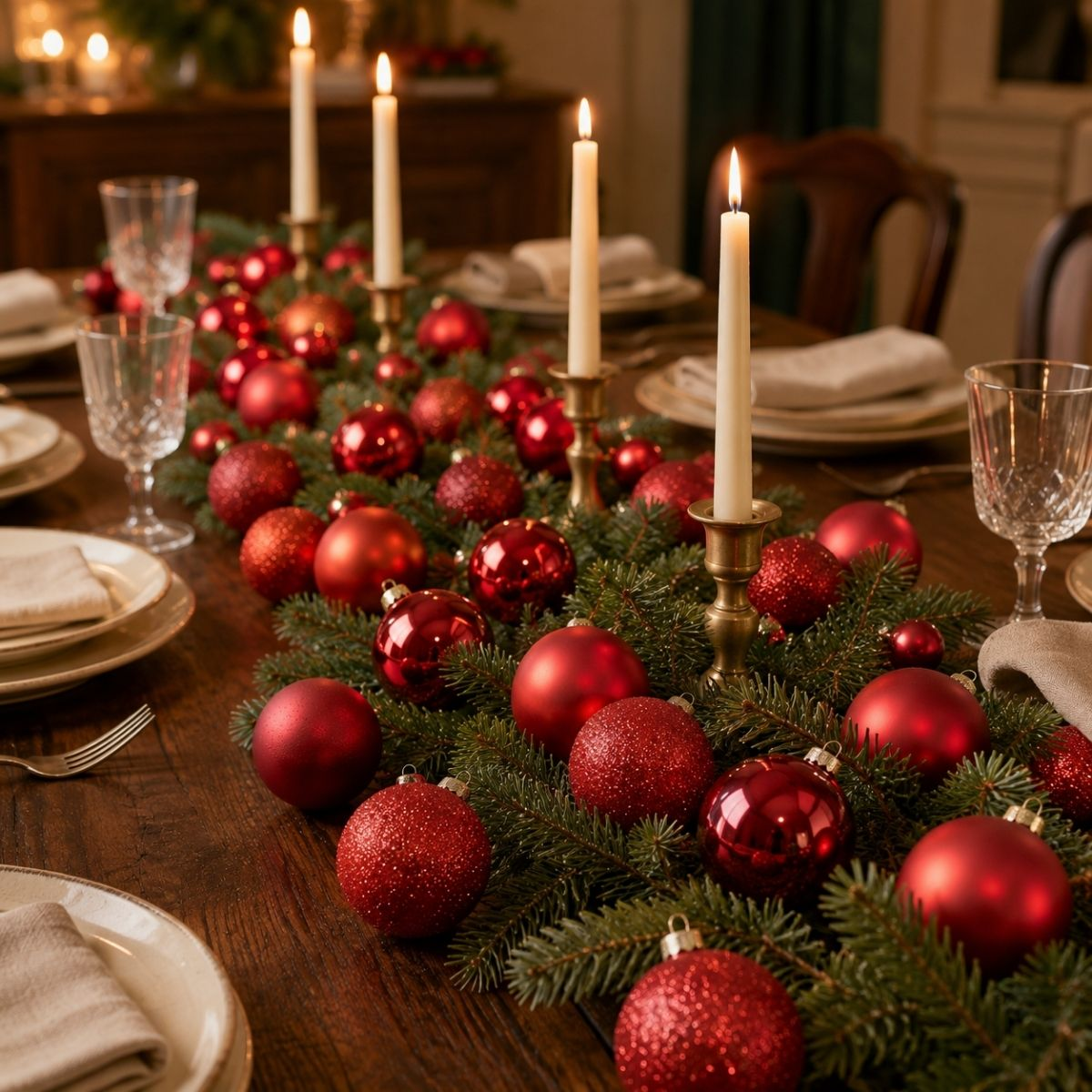 A festive dining table with a pine garland, red ornaments, and lit candles.