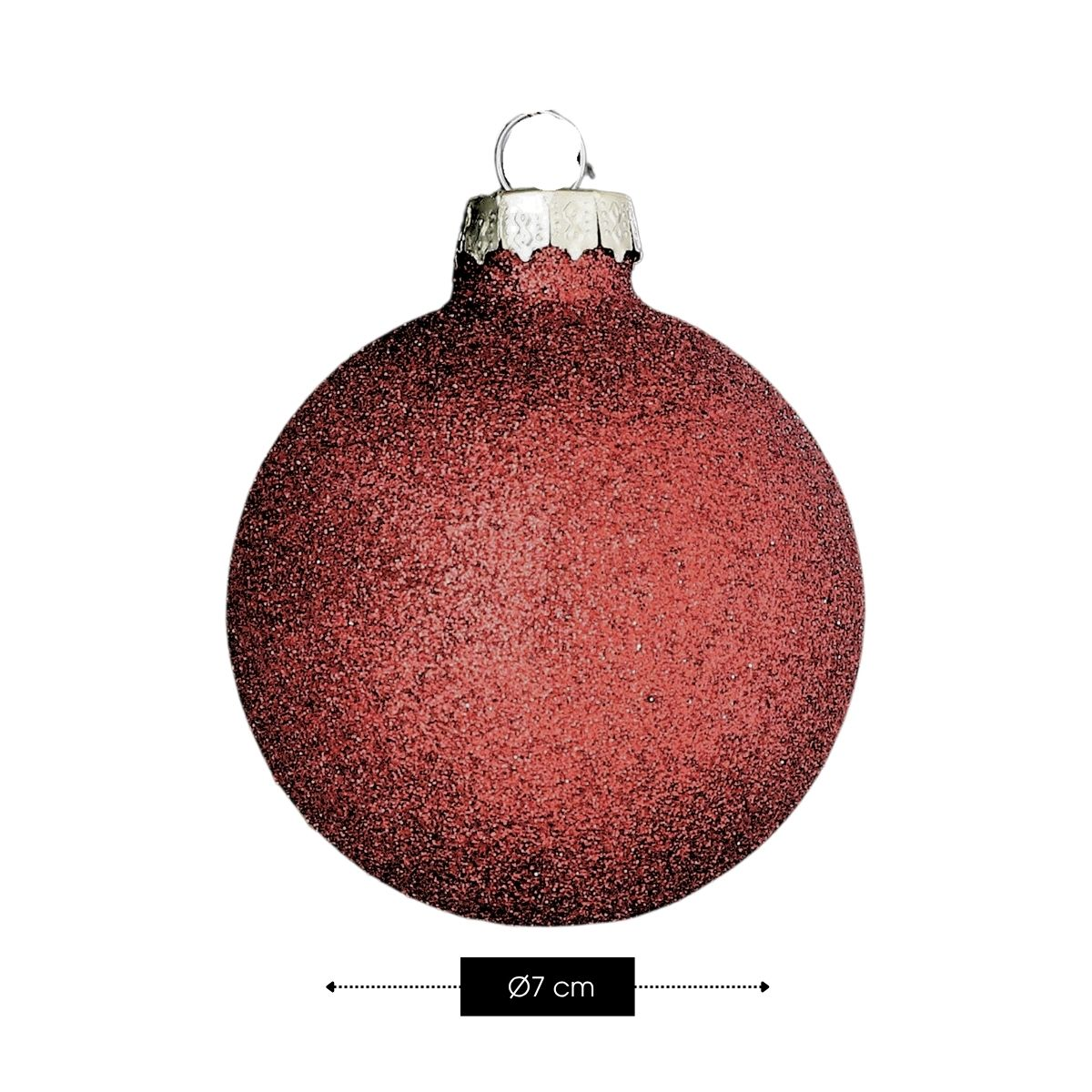 Glittering red Christmas bauble with a diameter of 7 cm.