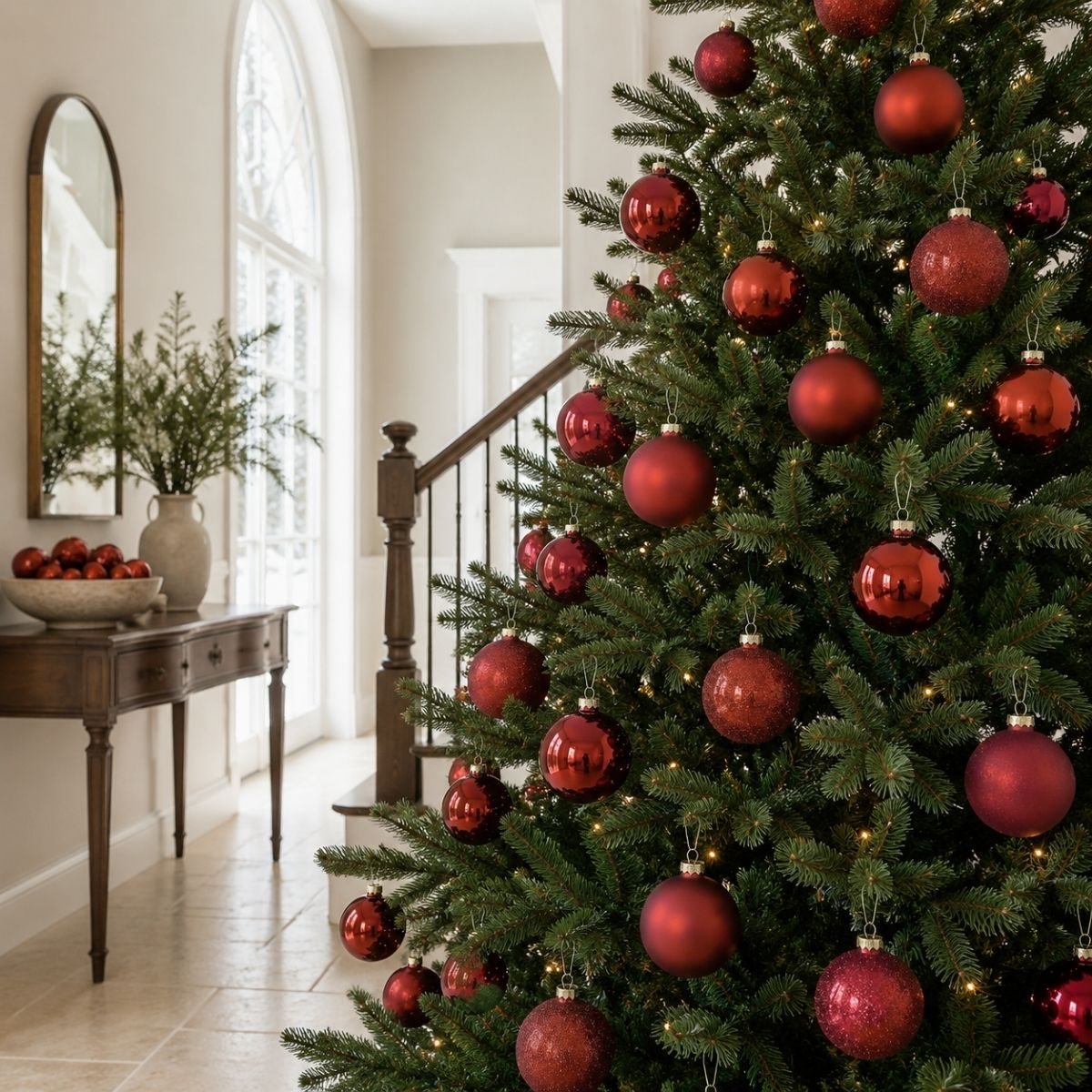 A decorated Christmas tree with red baubles in a bright hallway with wooden table and stairs.