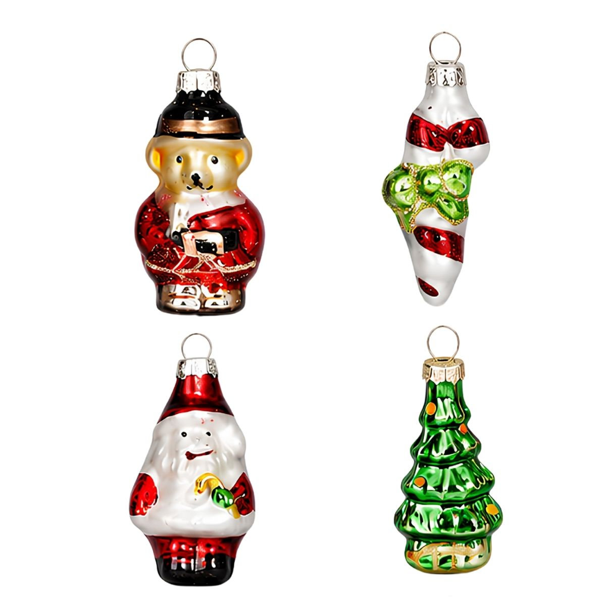 Four glass Christmas ornaments: a bear in red coat, a striped icicle with bow, Santa, and a green tree.