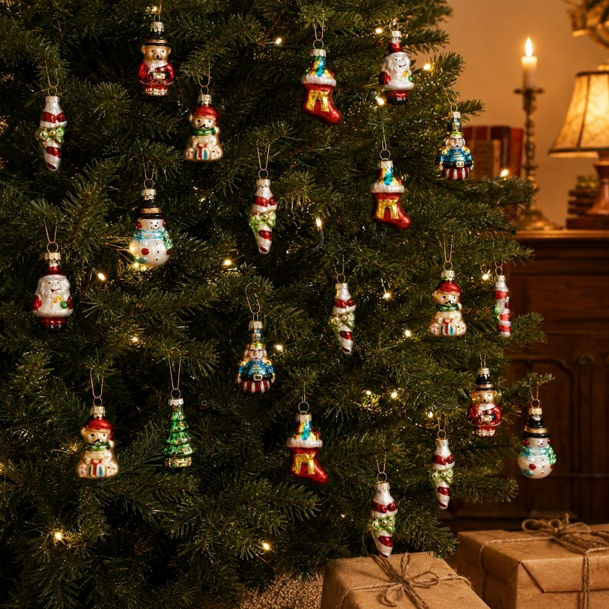 A lit Christmas tree decorated with vintage glass ornaments like snowmen, bears, and stockings, with wrapped gifts below.