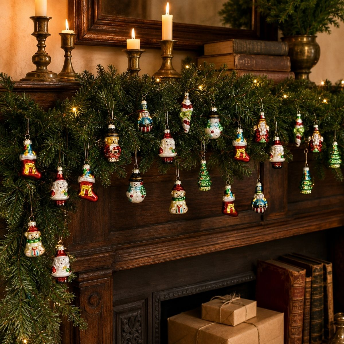 Decorated Christmas garland with colorful glass ornaments on a wooden mantelpiece.
