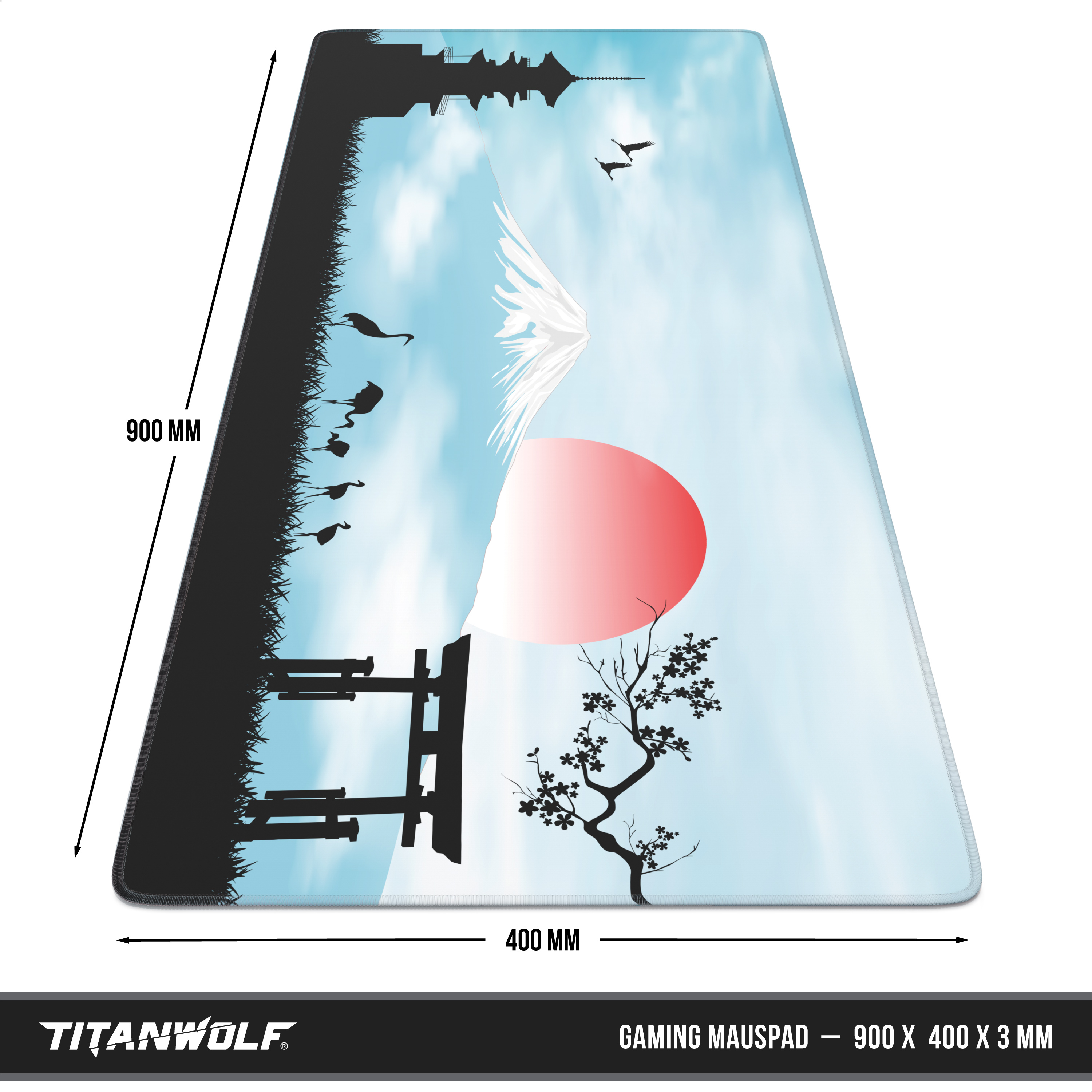 Gaming-Mauspad mit japanischer Landschaft, roter Sonne und Mount Fuji, dimensioniert mit 900x400x3 mm.
