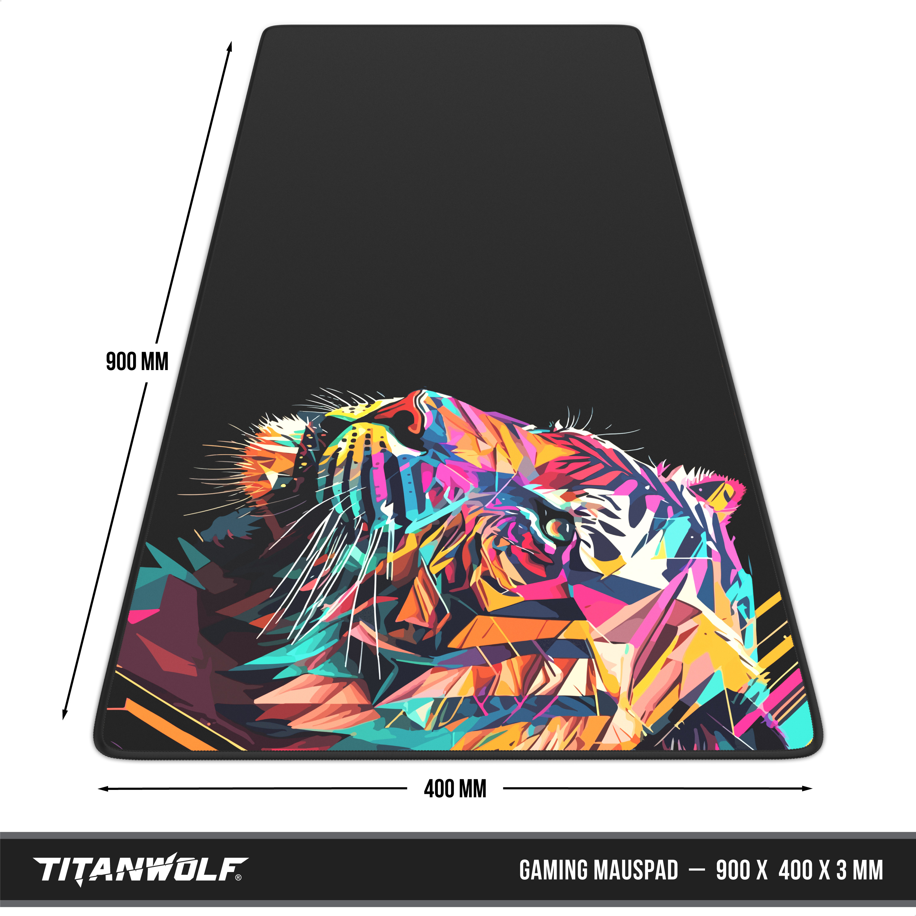 Ein schwarz-graues Titanwolf Gaming-Mauspad mit bunten abstrakten Tiger-Motiven und Bemaßung.