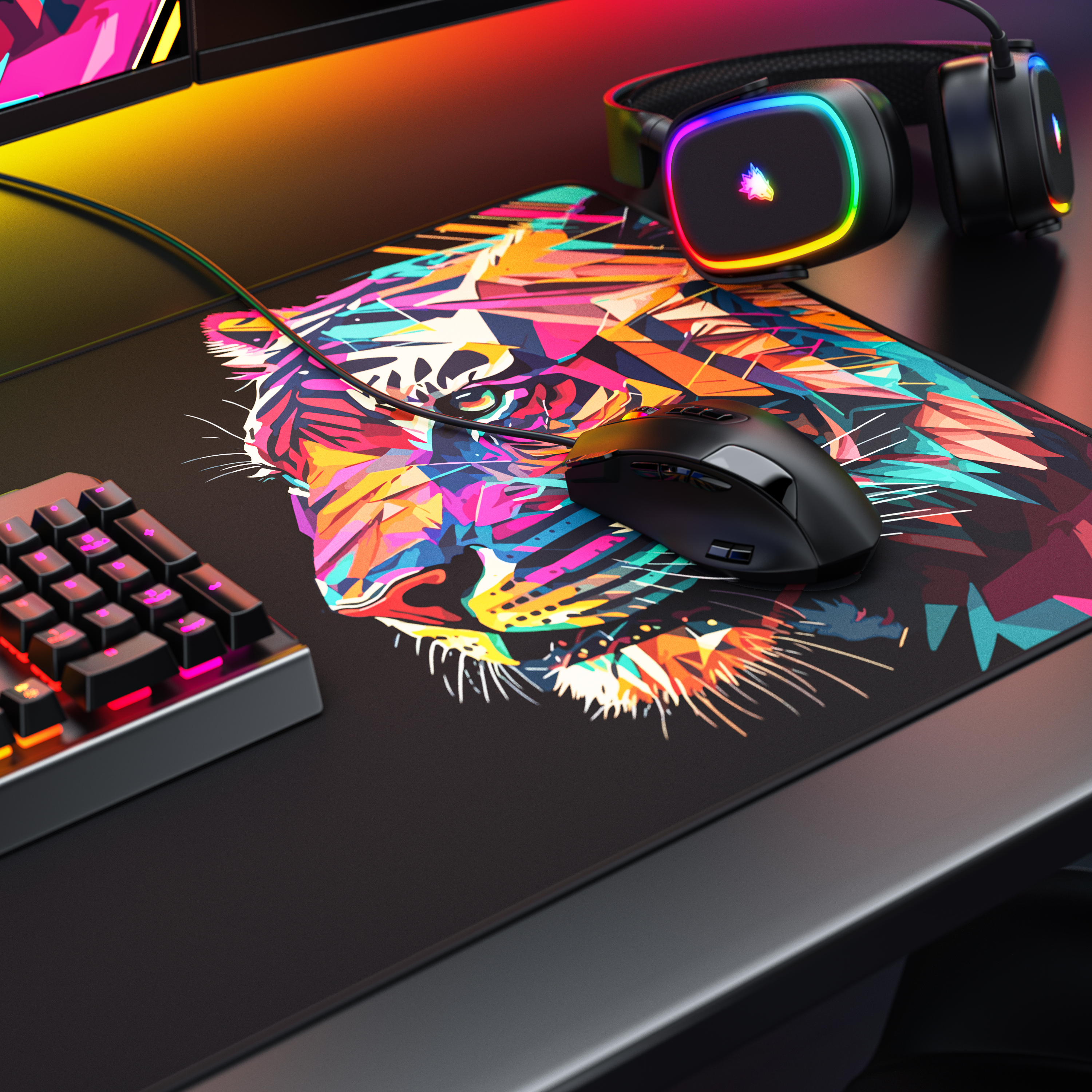 Ein Gaming-Schreibtisch mit einer bunten Tiger-Mausmatte, schwarzer Maus, beleuchteten Kopfhörern und einer Tastatur.