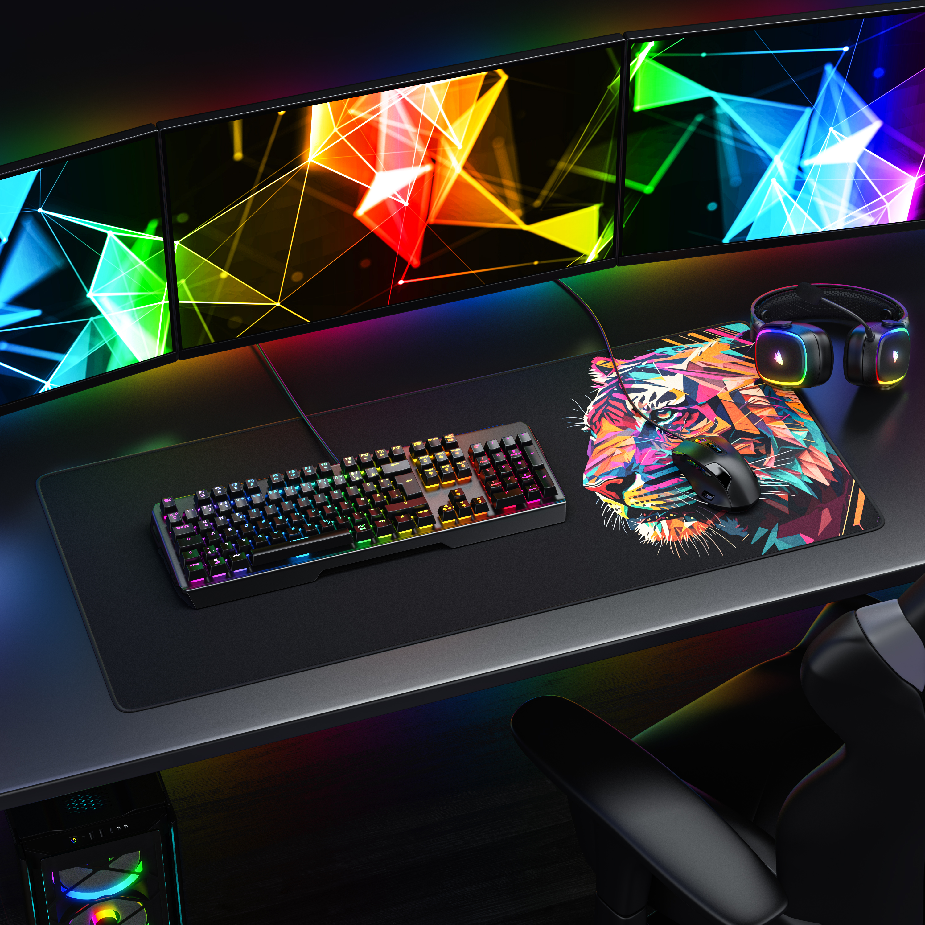 Ein Gaming-Schreibtisch mit drei Monitoren, Tastatur, Maus auf Tiger-Mauspad und Kopfhörern, beleuchtet mit RGB.