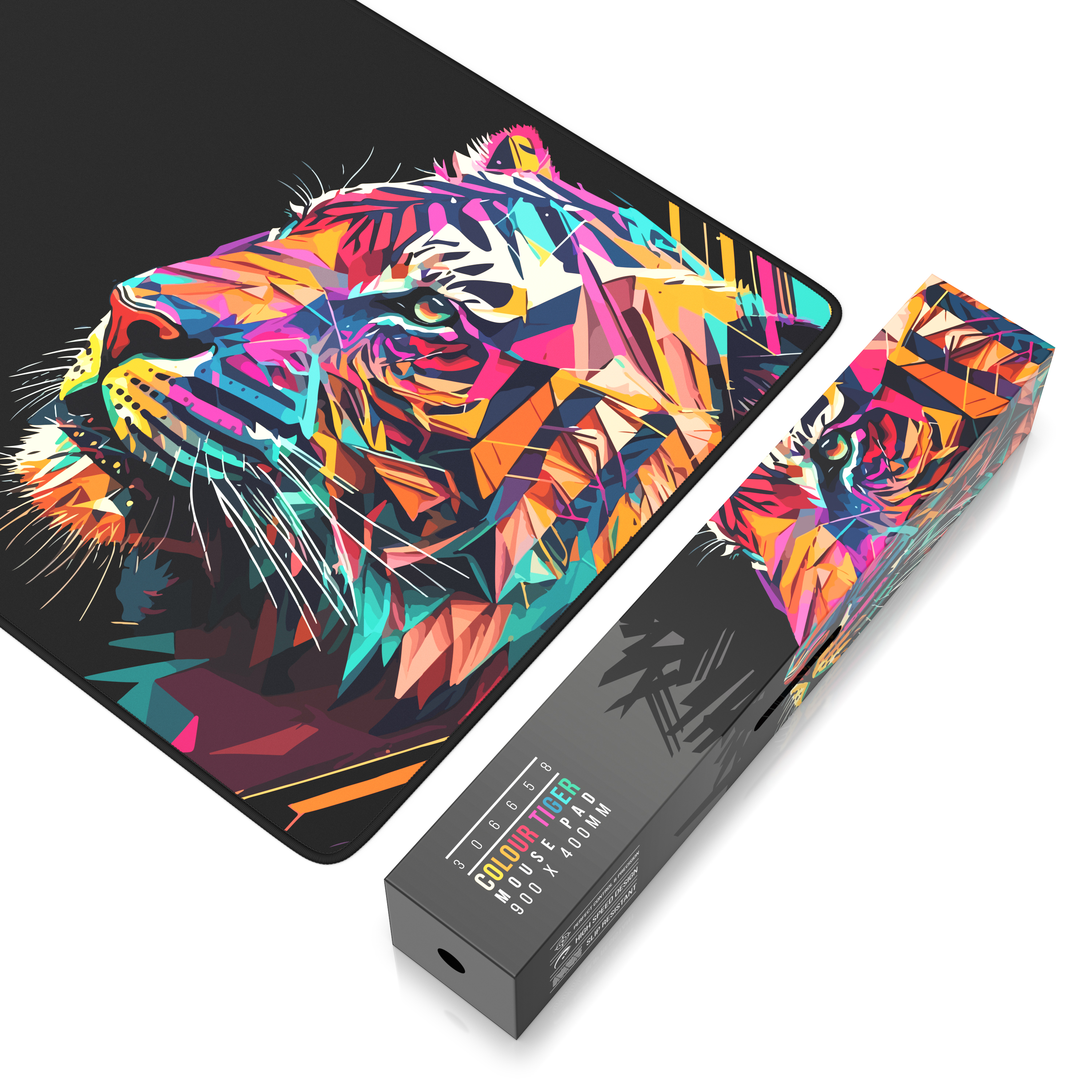 Buntes Tiger-Mauspad auf schwarzem Grund mit passender Verpackung.