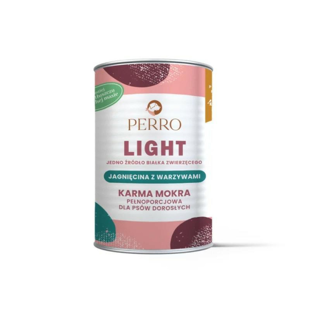 Puszka mokrej karmy dla psów Perro Light z jagnięciną i warzywami na białym tle.