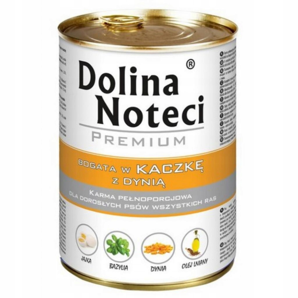 Biało-żółta puszka karmy dla psów Dolina Noteci Premium o smaku kaczki z dynią.