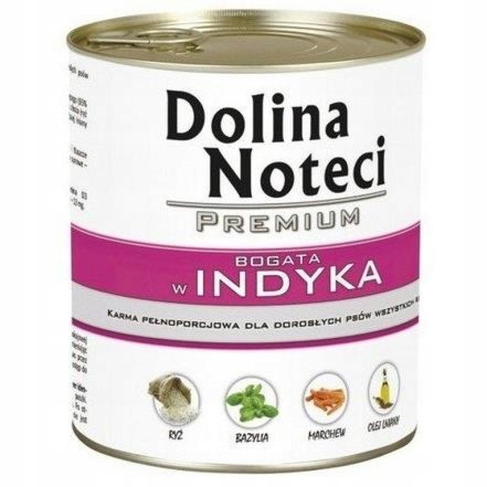 Biało-różowa puszka z karmą dla psa z etykietą Dolina Noteci Premium.