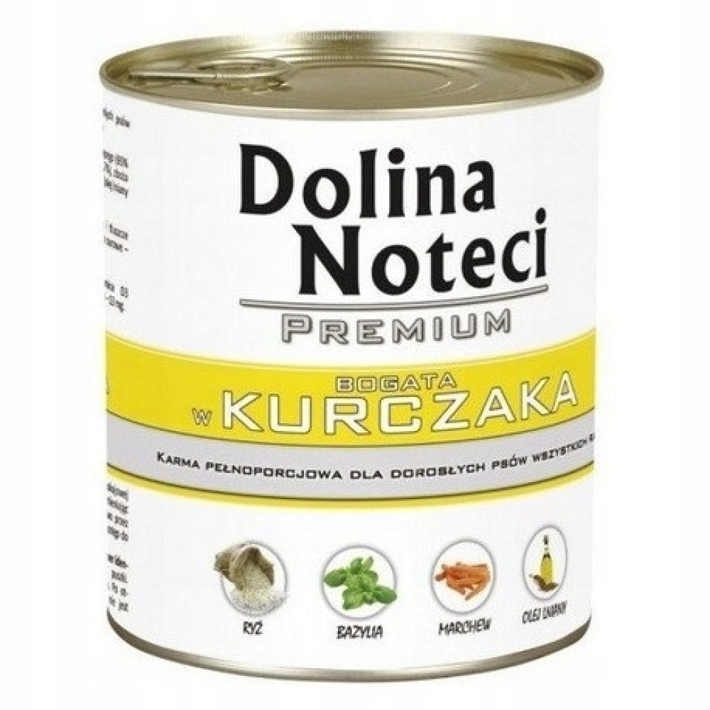 Puszka karma dla psa Dolina Noteci Premium bogata w kurczaka, z ikonami ryżu, bazylii, marchewki i oleju.