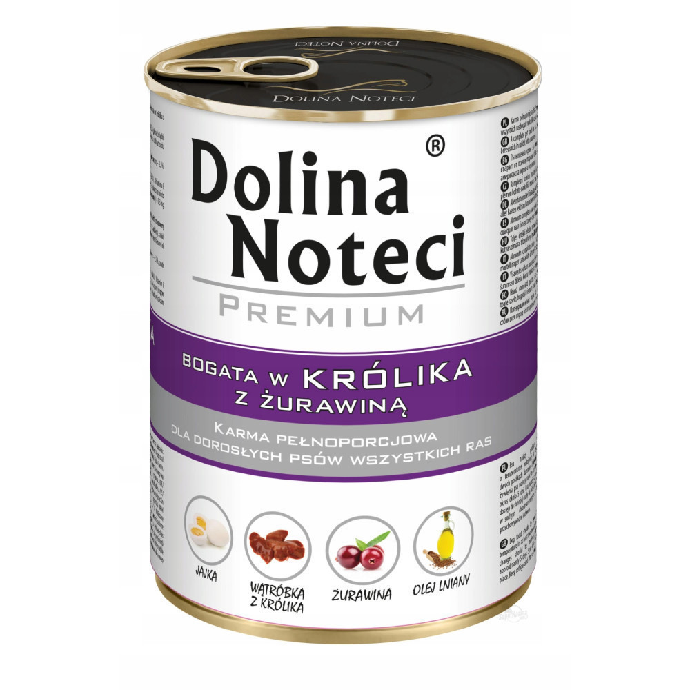 Puszka karmydla psów Dolina Noteci z fioletową etykietą i grafikami jajek, wątróbki, żurawiny i oleju lnianego.