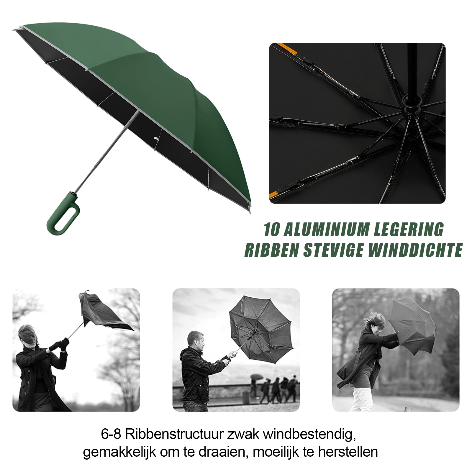 Grüner Regenschirm mit robustem Aluminiumrahmen, gezeigt mit Funktionsdetails und Windbeständigkeitsvergleich.