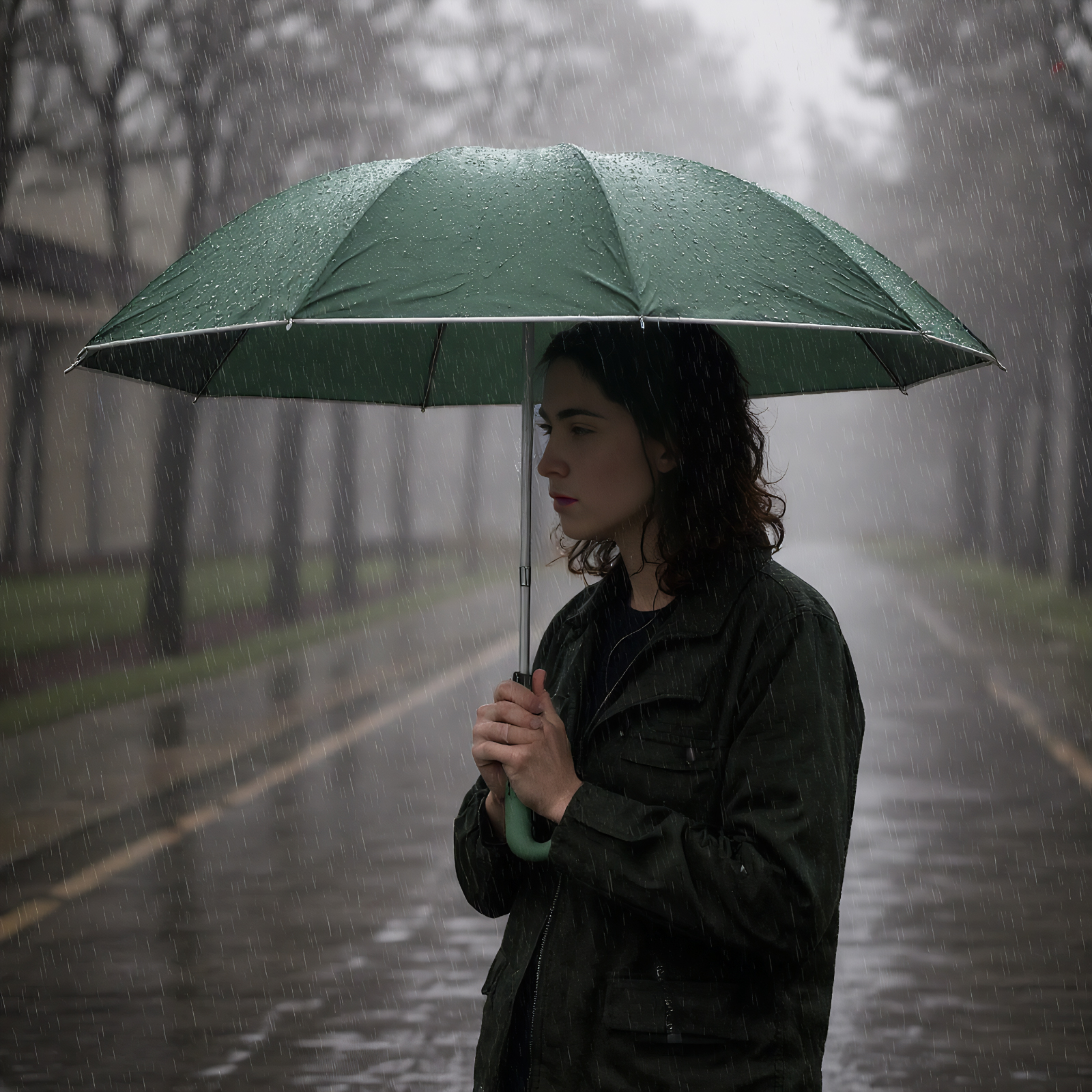 Eine Frau in dunkler Jacke hält einen grünen Regenschirm auf einer regnerischen Straße mit Bäumen.