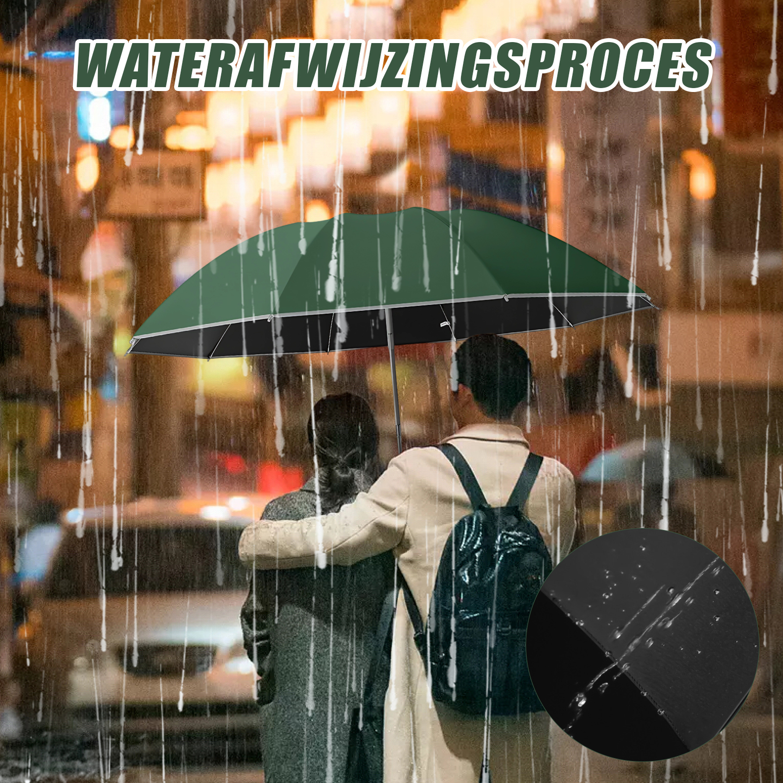 Ein Paar geht unter einem grünen Regenschirm im Regen, im Hintergrund verschwommene Stadtlichter.