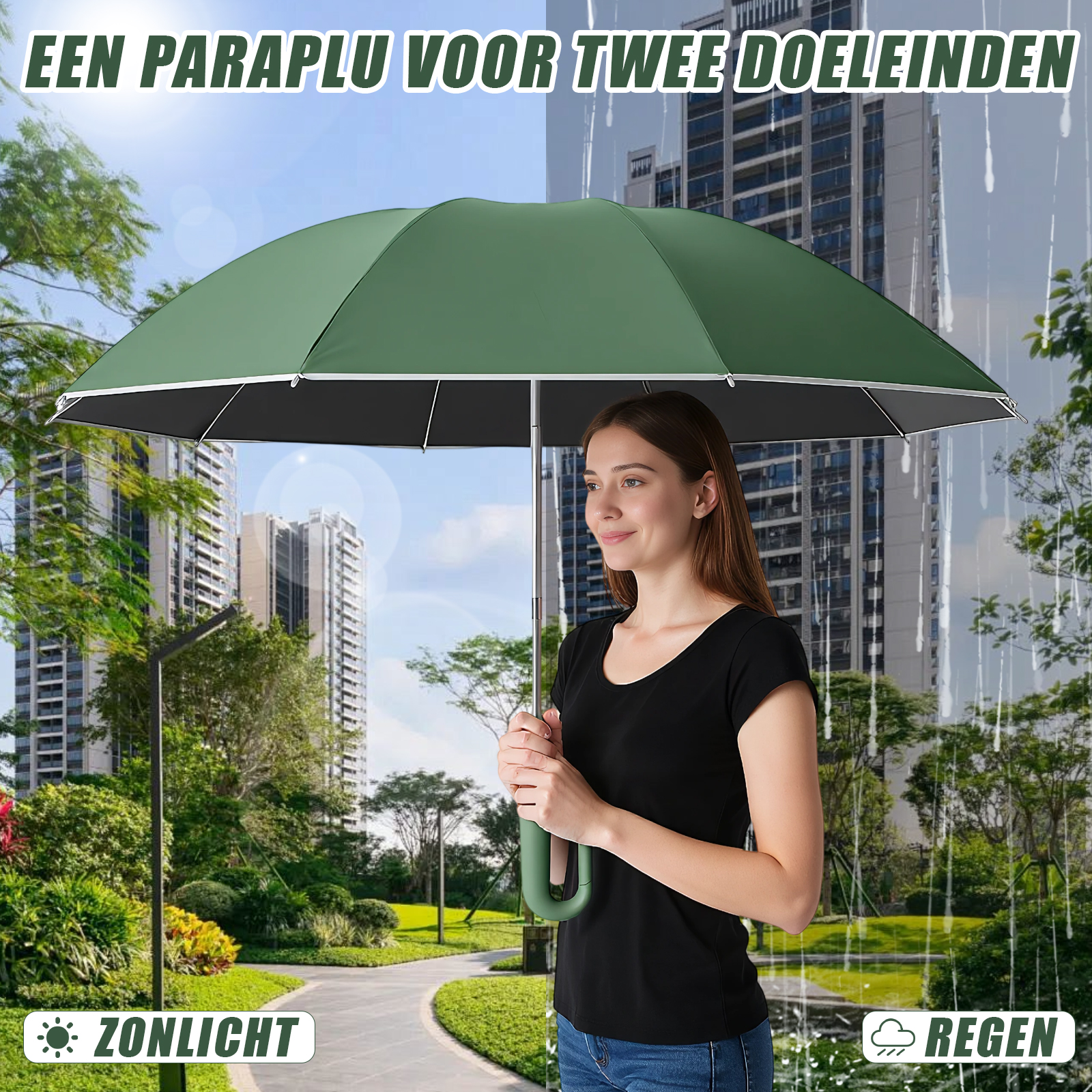 Eine Frau hält einen grünen Regenschirm vor sonnigem Park und regnerischer Stadt.