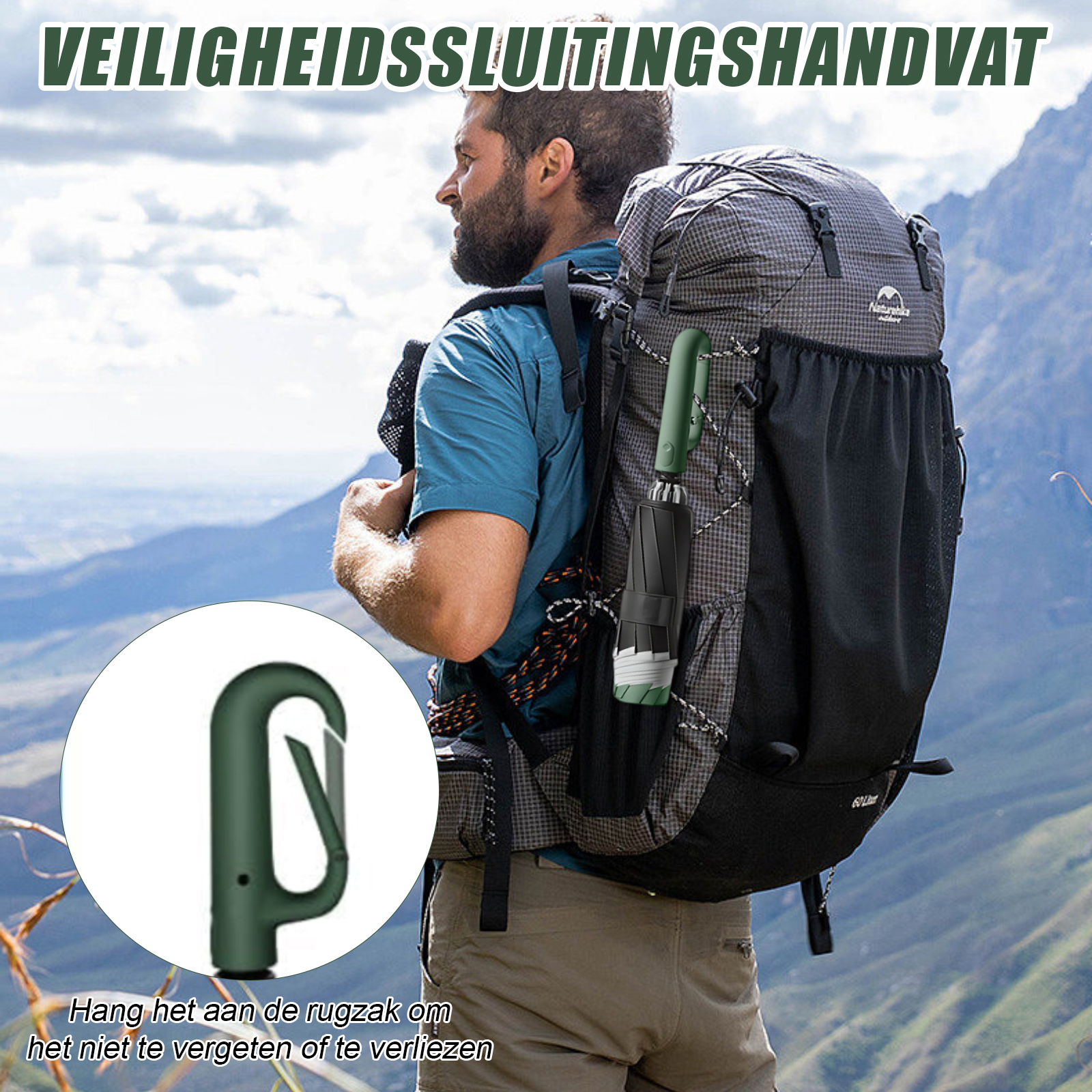 Wanderer mit Rucksack steht in den Bergen, eine Nahaufnahme zeigt den Karabinerhaken am Regenschirmgriff.